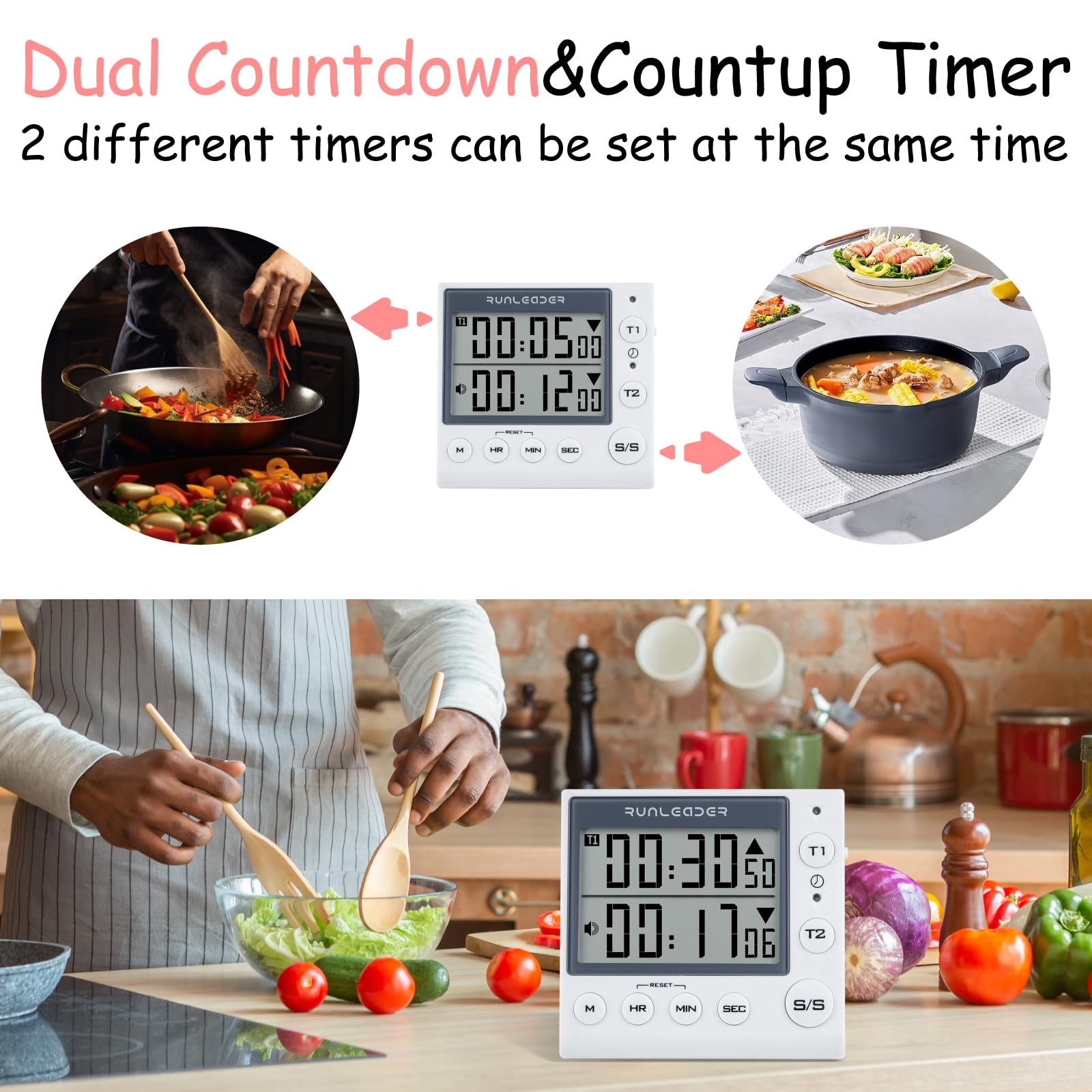 2-Channel Digital Countdown & Countup Timer with 12H/24H Clock Display - White | Perfect for Kitchen Cooking, Classroom Labs, and Fitness Workouts