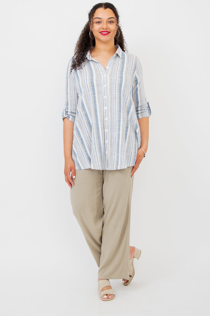 Celine Women's Blouse - Sand Stripe Linen Bamboo Shirt for Casual Wear & Summer Outfits