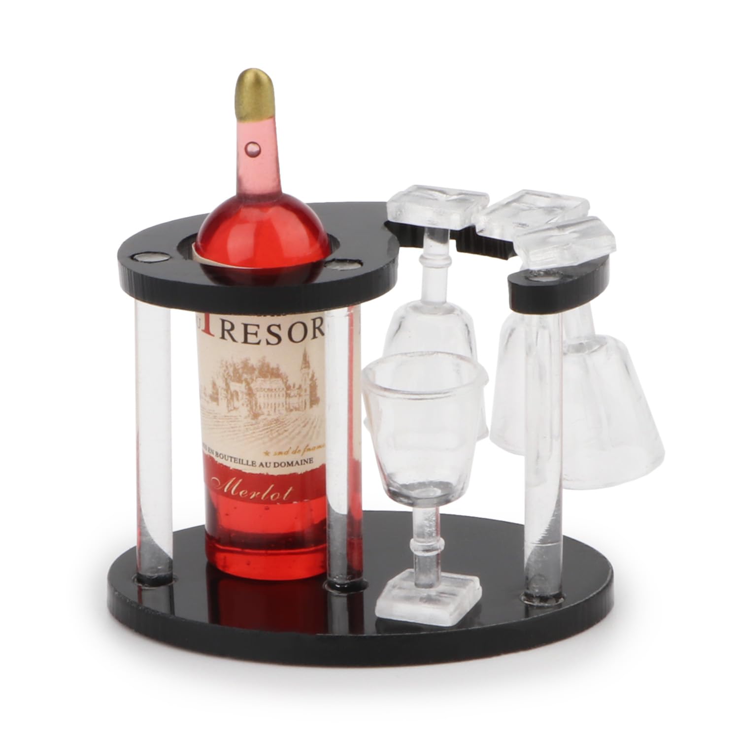 Miniature Wine Glasses, Bottle & Spiral Rack Set - Dollhouse Bar Accessories, Kitchen Decor, Tabletop Display Holder (Red Bottle) - Perfect for Dollhouse Miniatures, DIY Crafts, and Collectible Displays