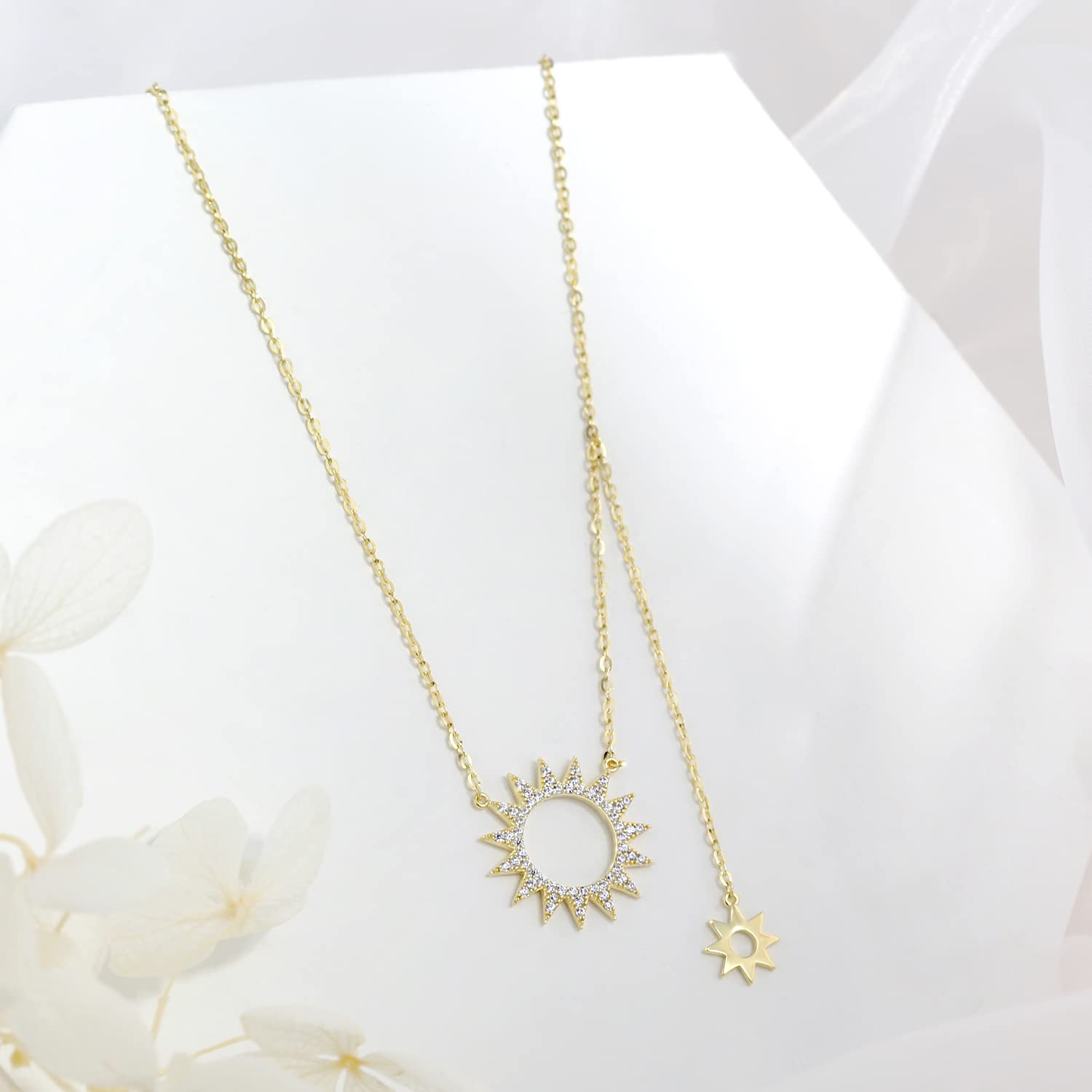 925 Sterling Silver Sun Choker Necklace for Women - Gold Plated Sun Pendant Lariat Necklace, Dainty Layering Jewelry Gift for Birthday, Anniversary & Everyday Wear