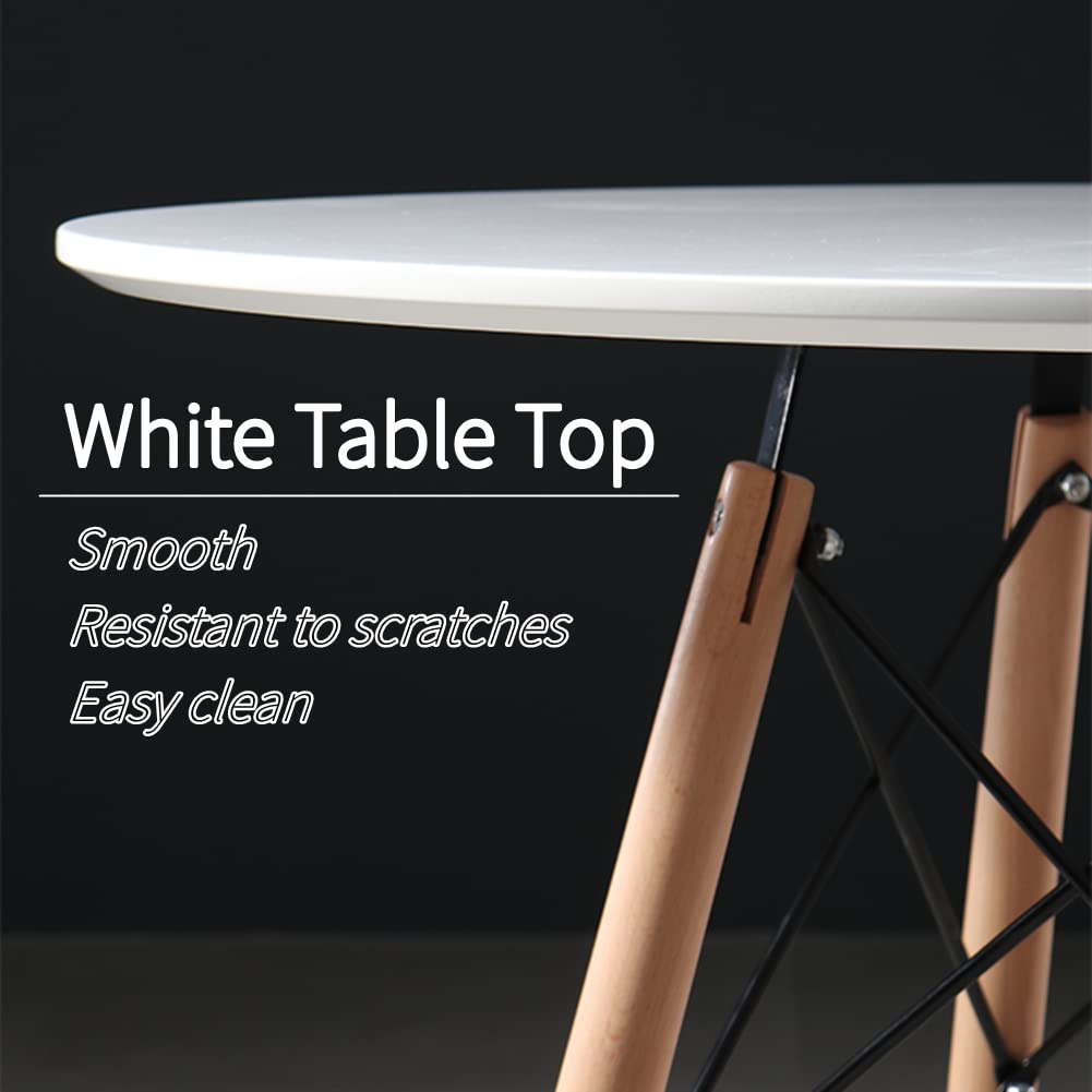 Modern Round White Dining Table with Wooden Legs - Space-Saving Kitchen, Living Room & Office Desk - Perfect for Family Dinners, Home Office & Small Apartments - Stylish Home Decor & Guest Entertaining - Great for Breakfast Nooks, Studio Apartments & Open Floor Plans - Ideal for Dining Rooms, Kitchen Islands, and Small Space Decorating