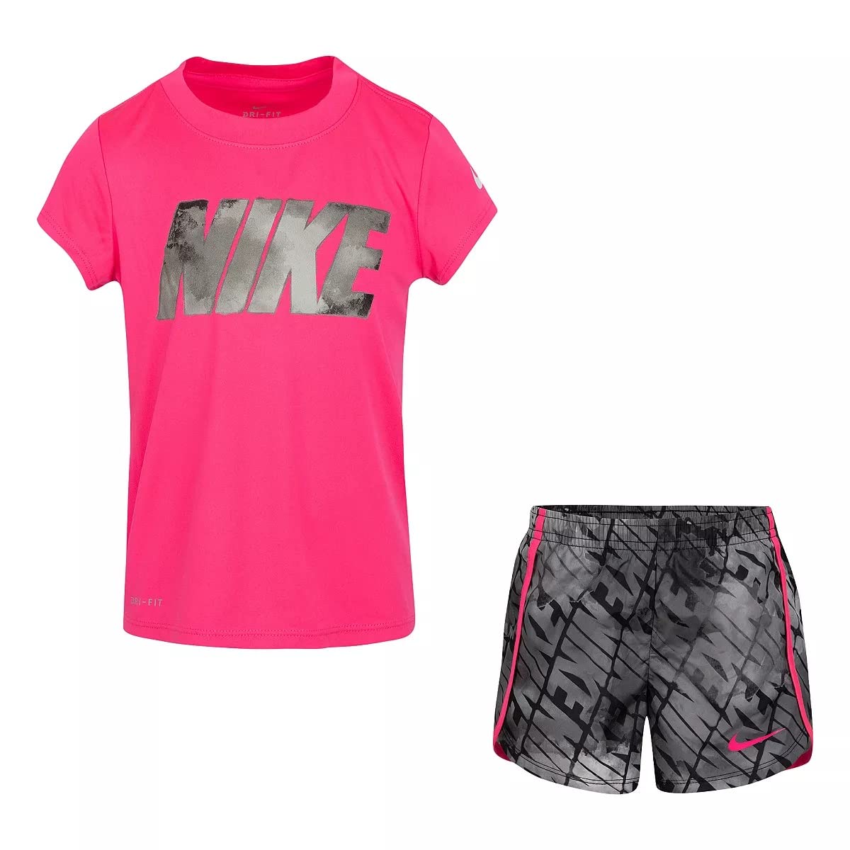 Nike Baby Girls Dri-FIT Graphic Tee & Shorts 2-Piece Set - Moisture-Wicking, Comfortable Play Outfit (Black/Pink, 18 Months) - Perfect for Playdates, Daycare & Outdoor Activities