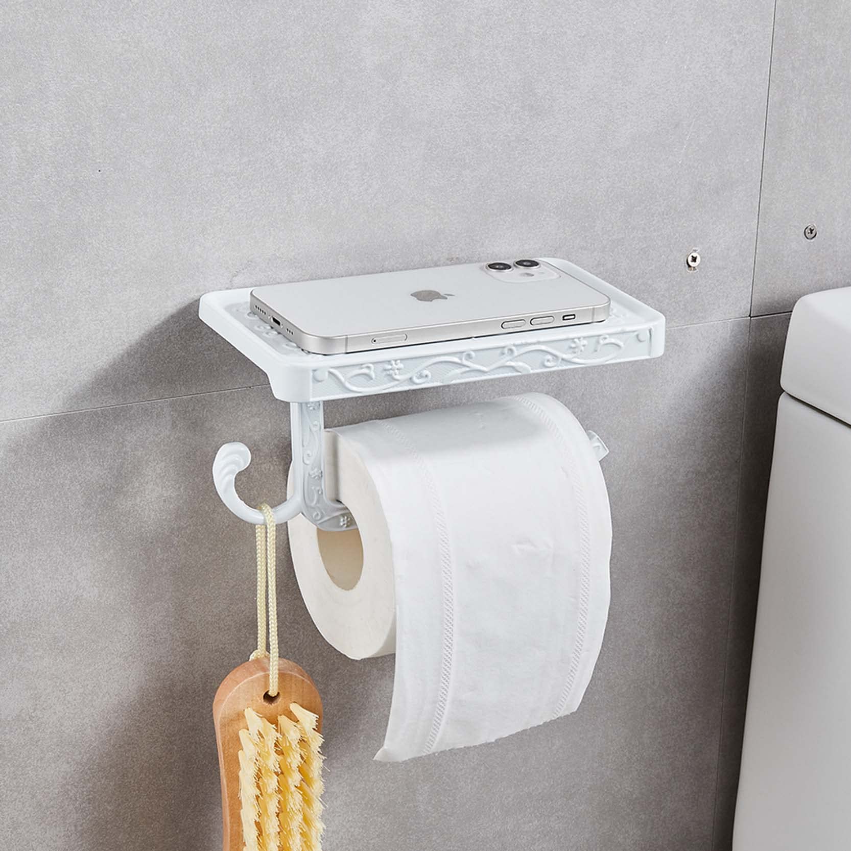 Vintage Wall Mount Toilet Paper Holder with Shelf - Aluminum Bathroom Tissue Roll Holder for Home & Office (White) | Perfect for Small Bathrooms, Powder Rooms & RVs