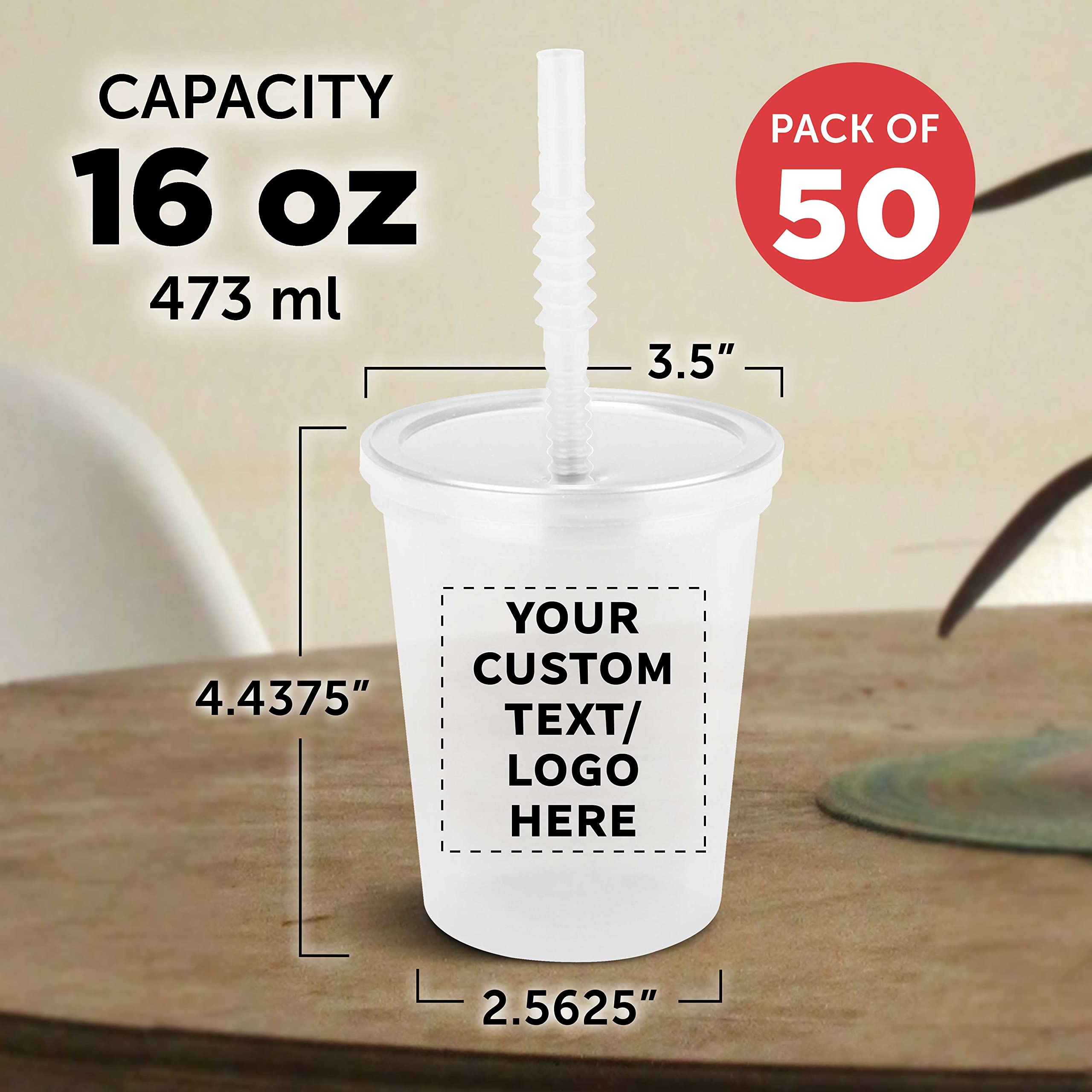 50-Pack Custom 16oz Plastic Cups with Lids & Straws - Bulk Personalized Clear Drinkware for Summer Parties, Weddings, Birthdays, Beach Picnics & Sporting Events - Reusable & Durable Party Supplies