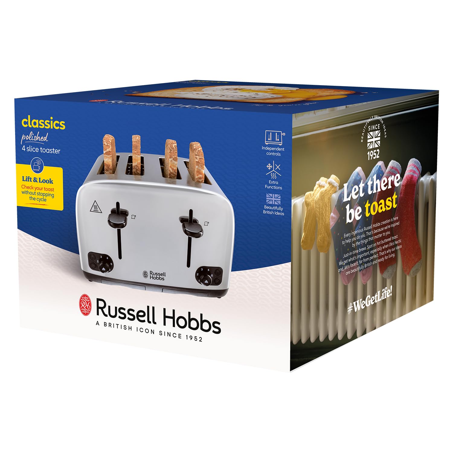 Russell Hobbs 4 Slice Toaster with Perfect Toast Technology - Wide Slots, Lift & Look, 6 Browning Levels - Stainless Steel Toaster for Bagels, Frozen Bread & More - Ideal for Breakfast, Brunch & Family Dining (1700W, Model 24090)