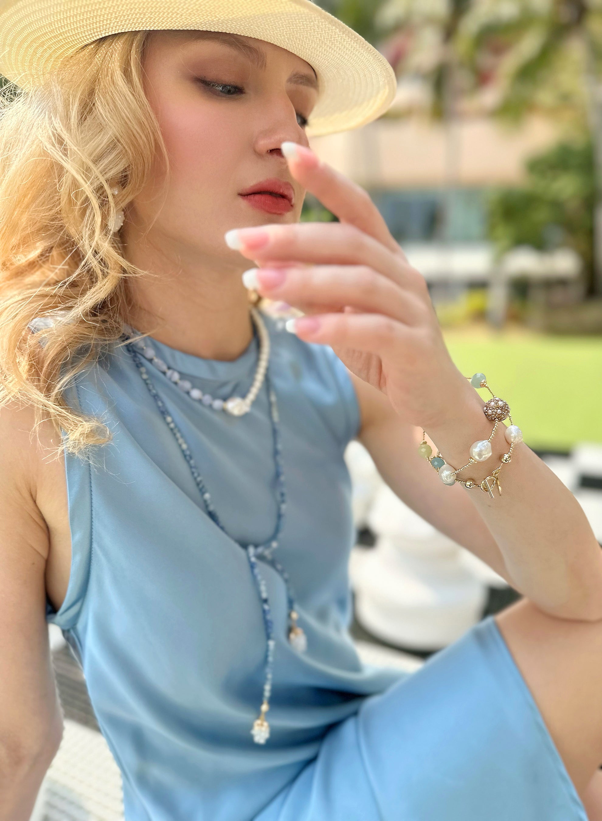 Elegant White Freshwater Pearls & Blue Lace Agate Choker Necklace JN032 - Perfect for Weddings, Parties & Formal Occasions