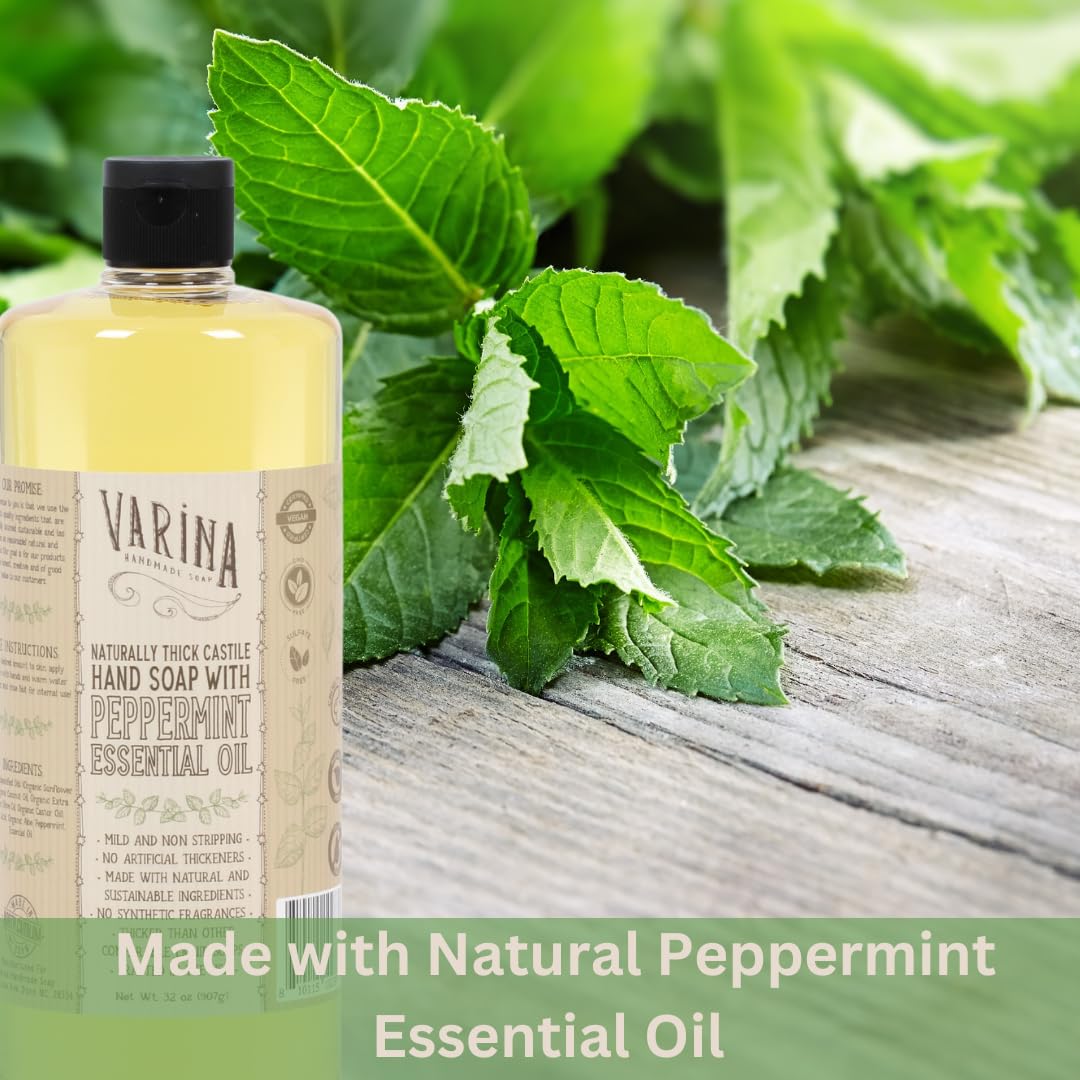 Varina Organic Peppermint Castile Liquid Soap - 32oz - All-Natural Body Wash, Hand Soap & Household Cleaner - Perfect for Sensitive Skin, Baby Care & Eco-Friendly Cleaning