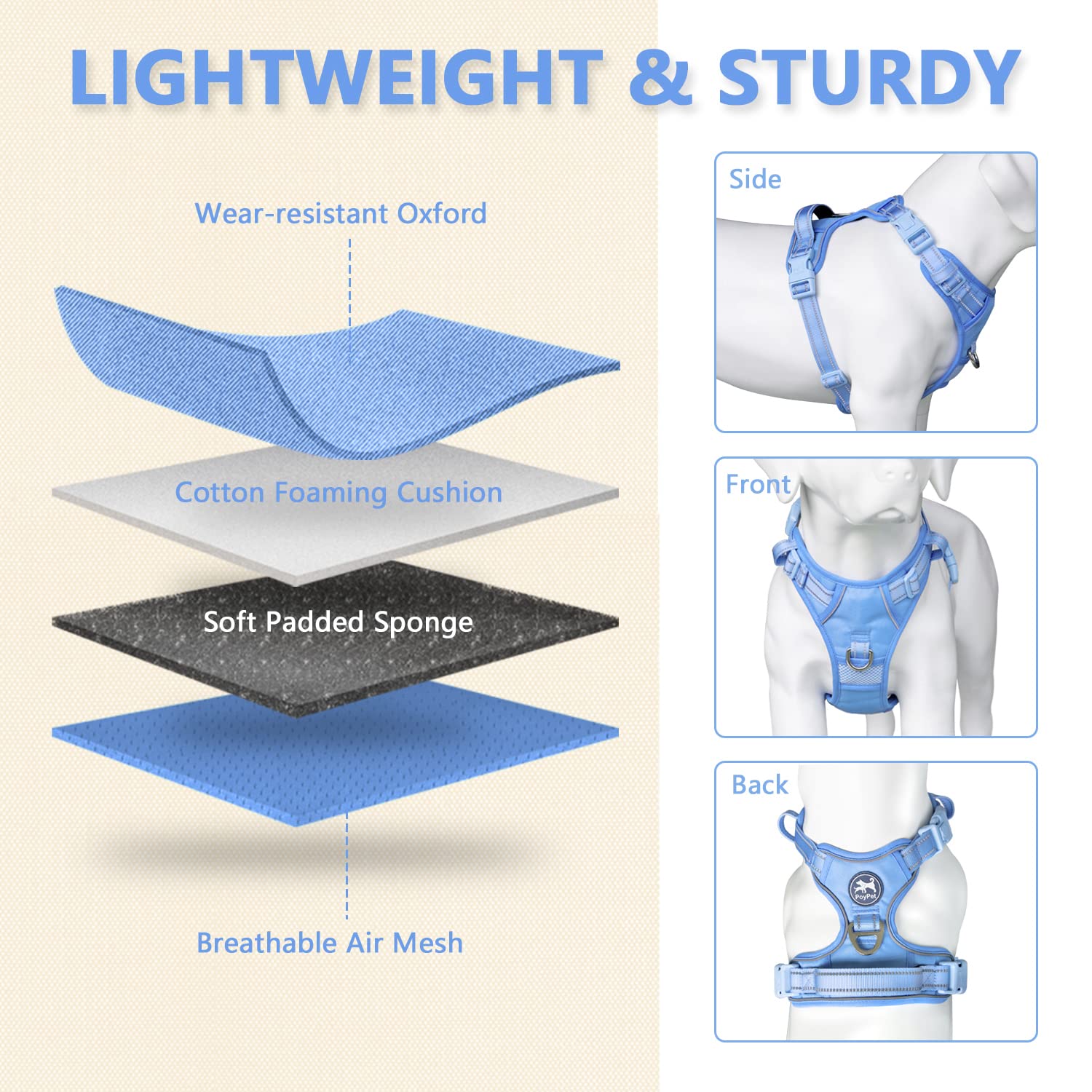 PoyPet No Pull Dog Harness - Reflective Adjustable Pet Vest with Padded Handle for Small Medium Large Dogs - Light Blue Matching Trim - Perfect for Walking, Running & Outdoor Adventures