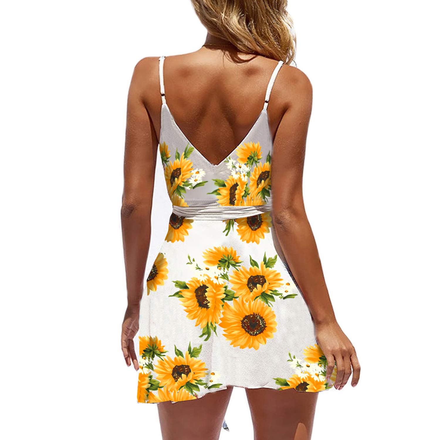 ECOWISH Women's Summer Dresses 2025 - V-Neck Spaghetti Strap Lace Mini Dress with Bowknot Backless Design | Sleeveless Skater Swing Dress for Beach, Party & Casual Wear