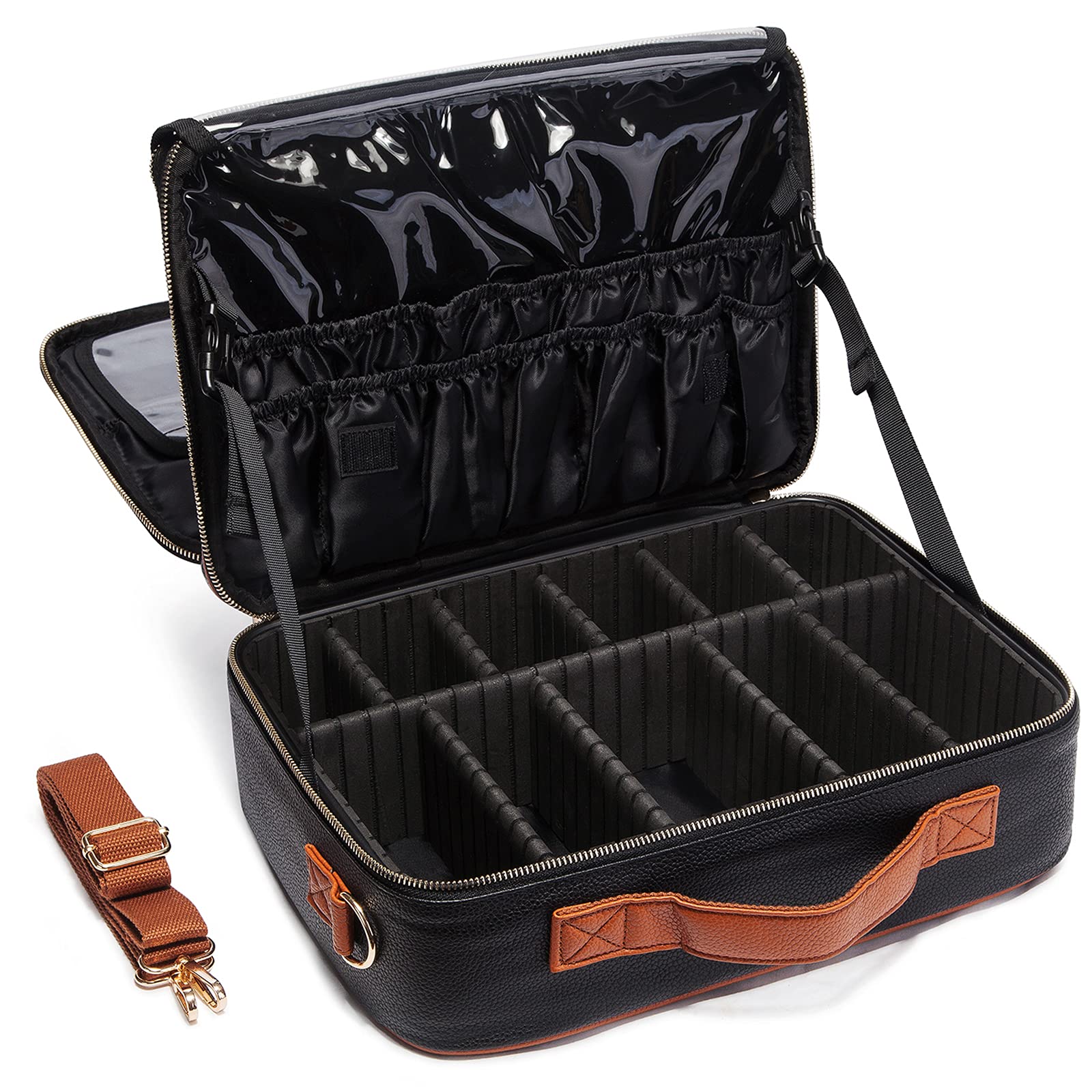 Premium Leather Travel Makeup Bag for Women - Large Cosmetic Organizer with Shoulder Strap for Brushes & Toiletry | Portable Artist Storage Case | Perfect for Travel, Salon Professionals & Daily Makeup Organization (Black)