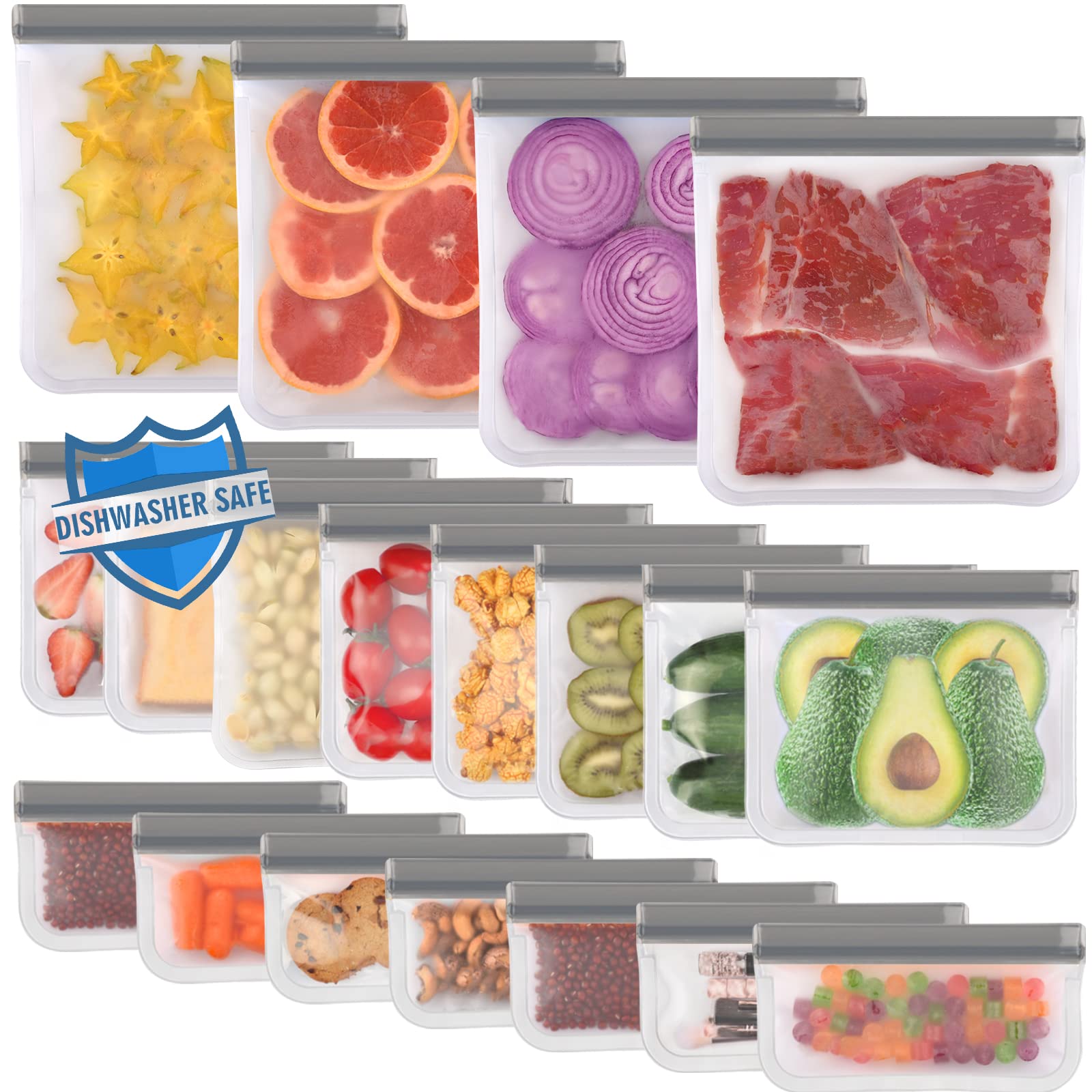 18 Pack Reusable Ziplock Bags - Dishwasher Safe, Leakproof Silicone Food Storage Bags | Plastic-Free, BPA-Free | Perfect for Meal Prep, Lunch Box, Travel & Marinating (4 Gallon + 7 Sandwich + 7 Snack Bags, Grey) - Eco-Friendly Kitchen Essentials for Home & Office Use