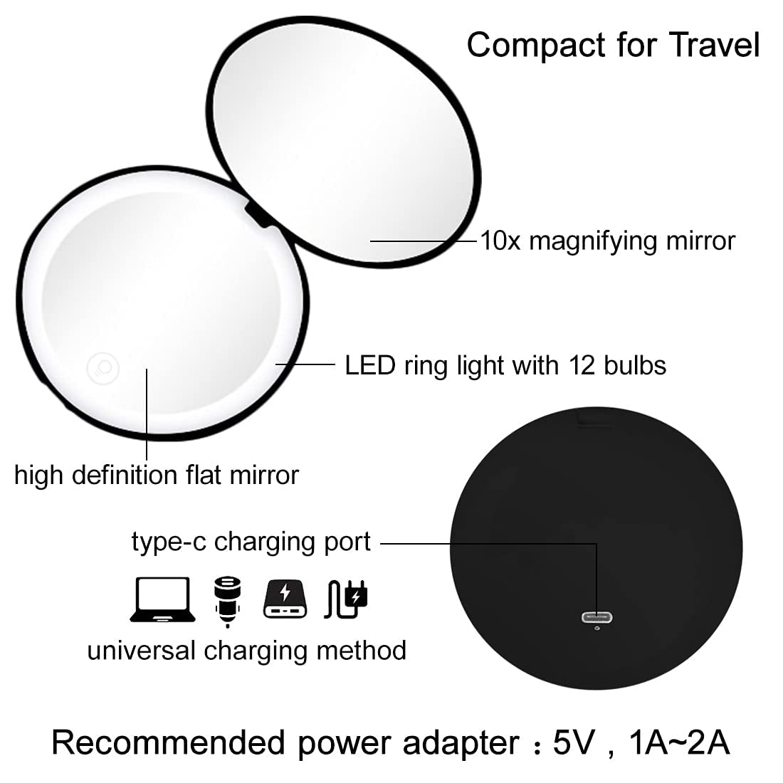 Rechargeable LED Compact Mirror with 1x/10x Magnification - 3.5 Inch Dimmable Travel Makeup Mirror for Purse, Pocket & Handheld Use | Perfect for Home, Travel & On-the-Go Touch Ups
