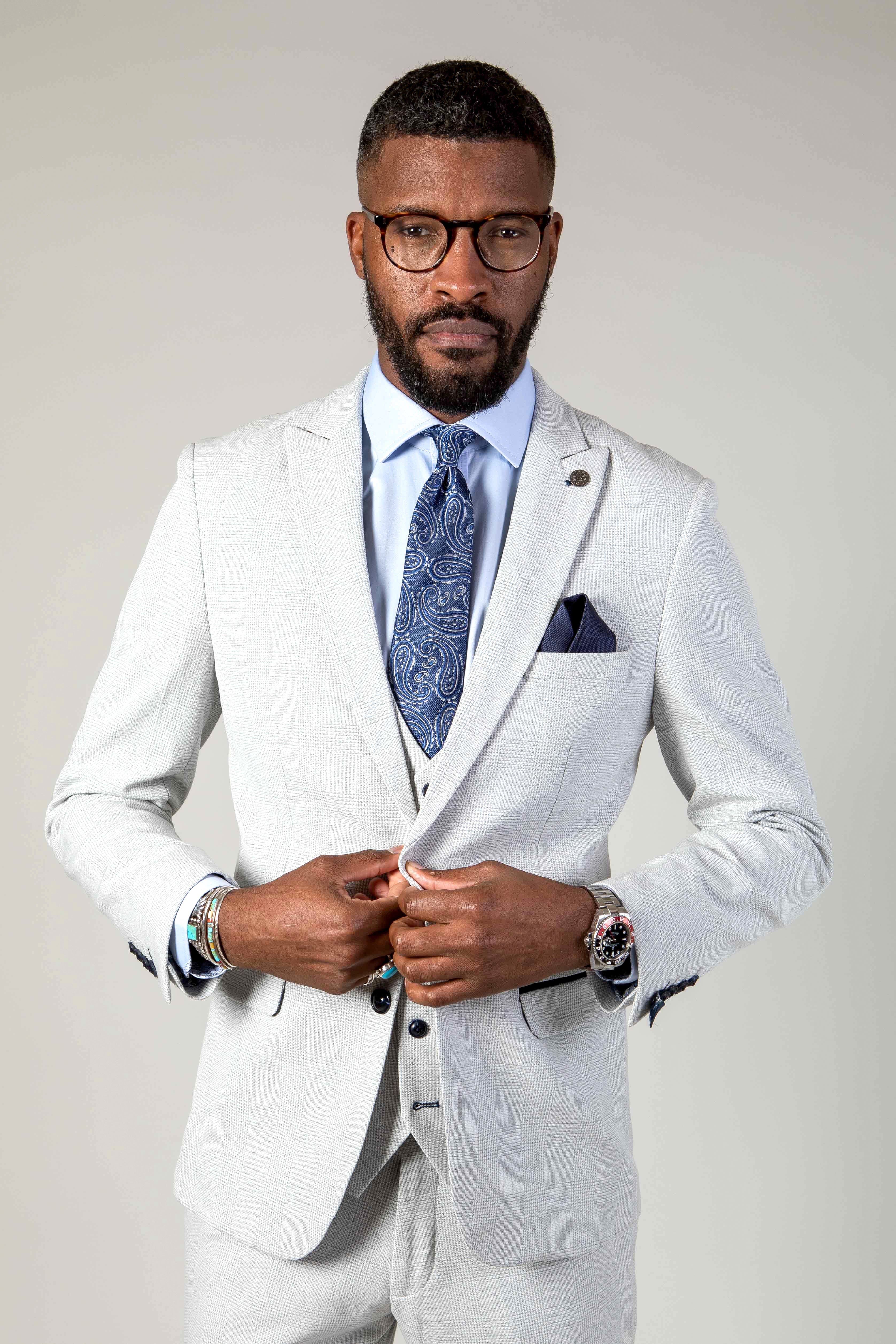 BROMLEY Men's Stone Check Suit with Kelvin Pink Waistcoat - Formal Business Attire for Weddings, Office & Special Occasions