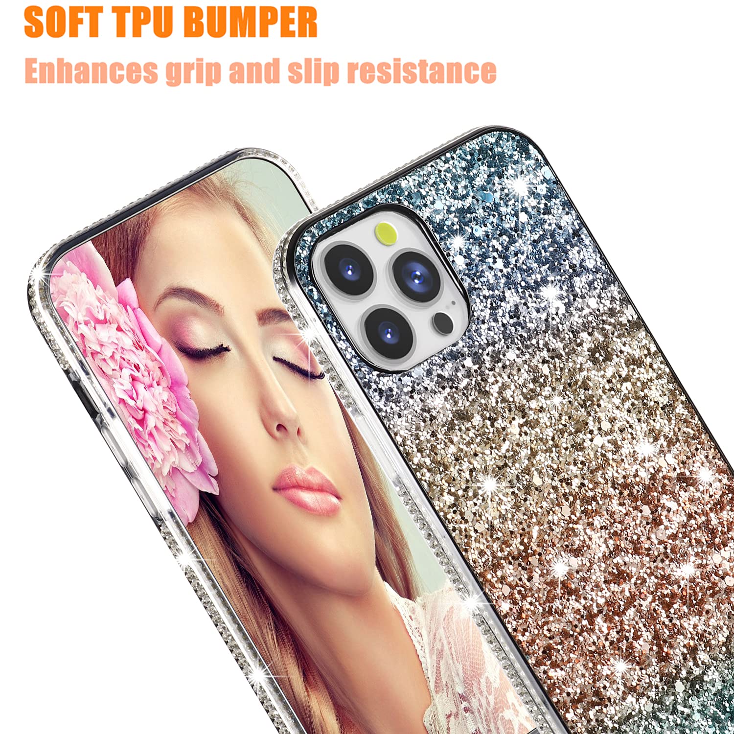 Solomo iPhone 13 Pro Max Case 6.7 Inch - Sparkle Glitter Protective Cover with Bling Diamond Design, Soft TPU Bumper, Shockproof & Scratch Resistant - Gradual Orange (2021 Model) | Perfect for Parties, Travel & Everyday Glam Style