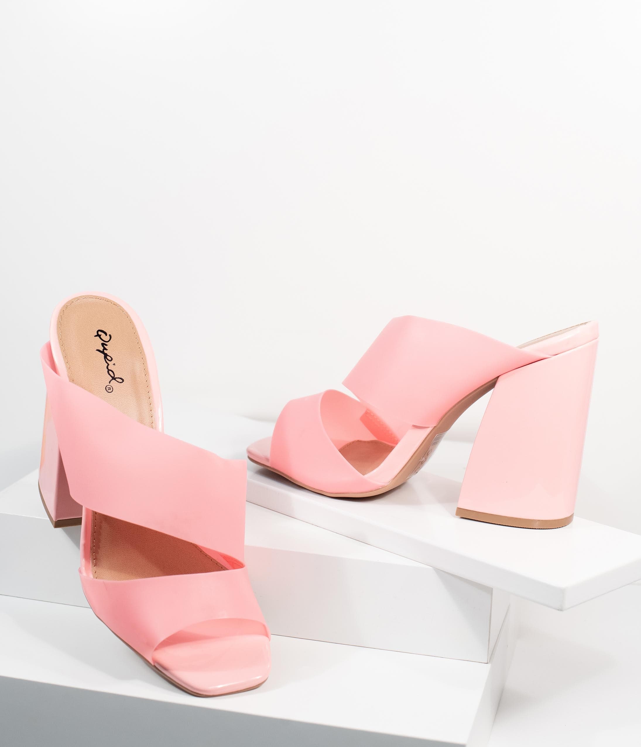 Stylish Frosted Pink Vinyl Peep Toe Mule Heels - Women's Comfortable Slip-On High Heels for Party, Wedding & Office Wear