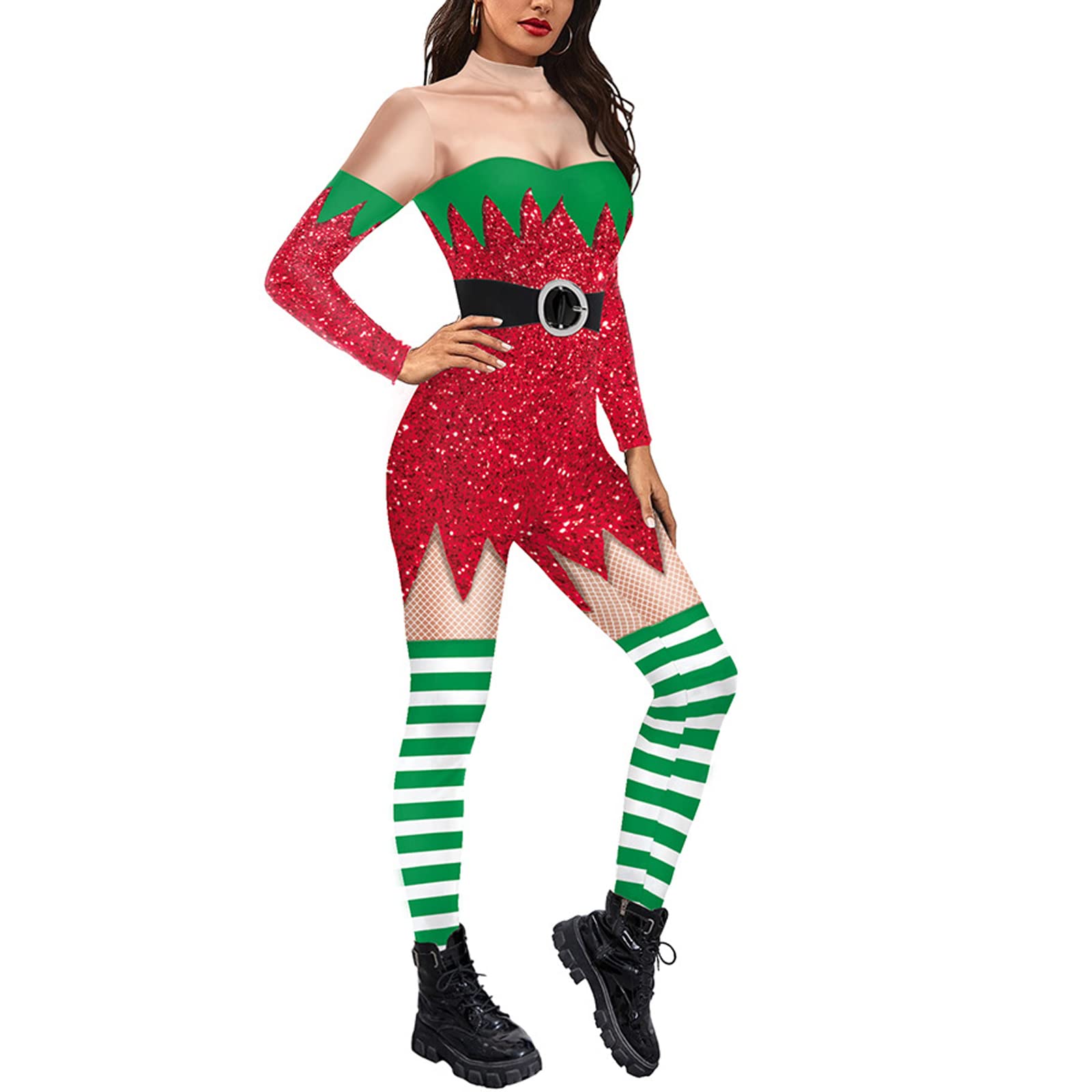 Women's Christmas Red Jumpsuit Costume - Long Sleeve High Neck Neon Skeleton Bodycon Jumpsuit with 3D Stretch - Perfect for Halloween, Christmas Parties & Cosplay Events