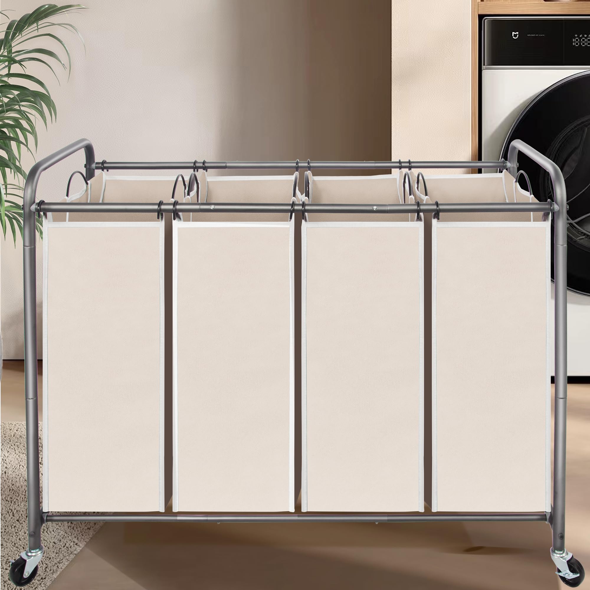 4-Section Heavy Duty Rolling Laundry Hamper Cart with Removable Bags & Wheels - Laundry Basket Organizer for Clothes Sorting - Perfect for Laundry Room, Dorm, or Apartment Organization (Beige)