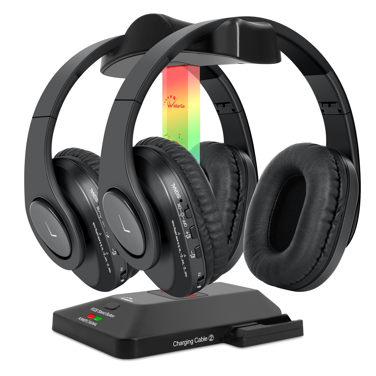 WallarGe Dual Wireless Headphones for TV Watching - RF Transmitter & Bluetooth Over-Ear Headset for Seniors, No Lip-Sync Delay, Plug & Play (Set of 2) - Perfect for Late-Night Viewing & Hearing Assistance