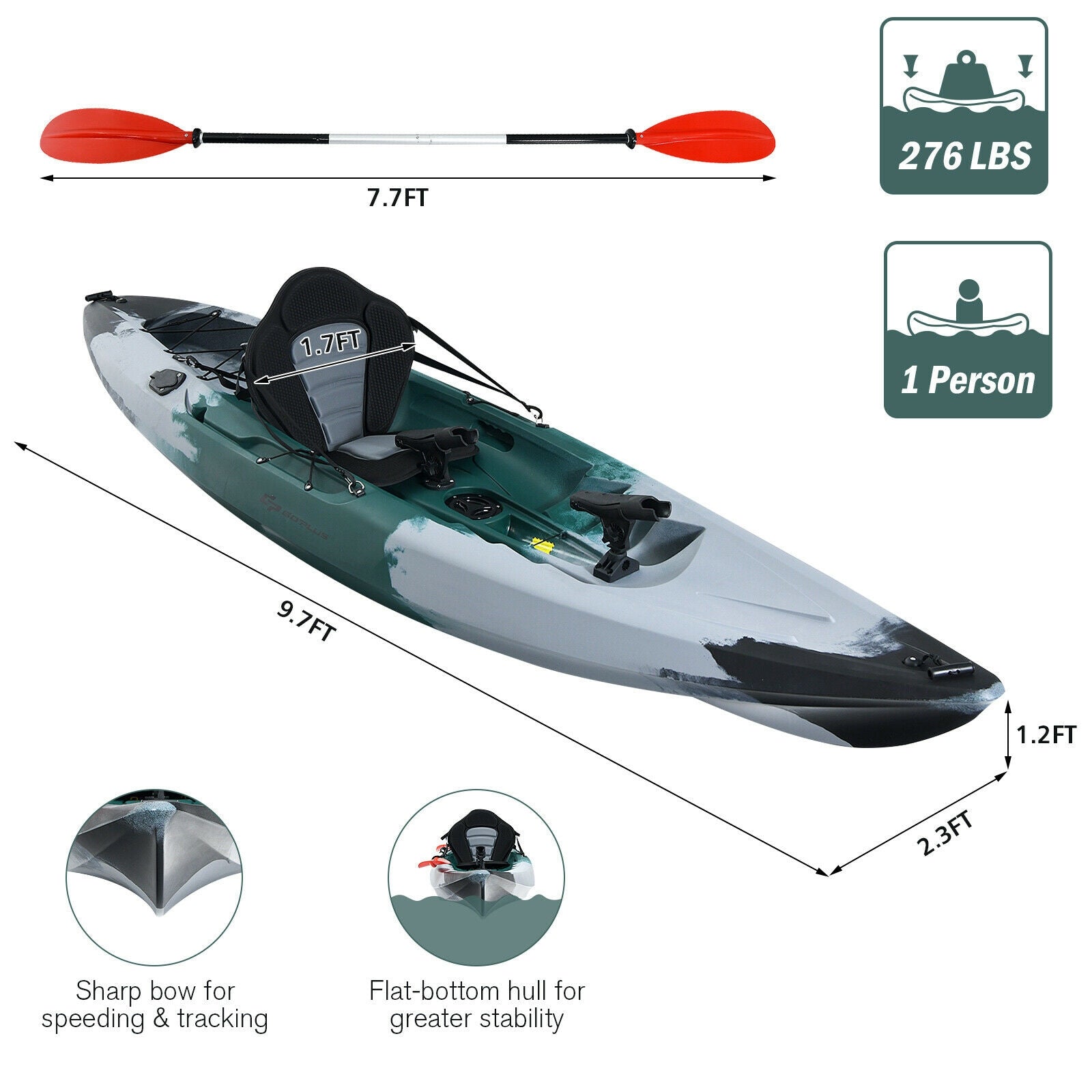 Costway Sit on Top Fishing Kayak with Rod Holders & Paddle - Stable & Lightweight for Lakes, Rivers & Ocean Fishing | Perfect for Beginners & Anglers