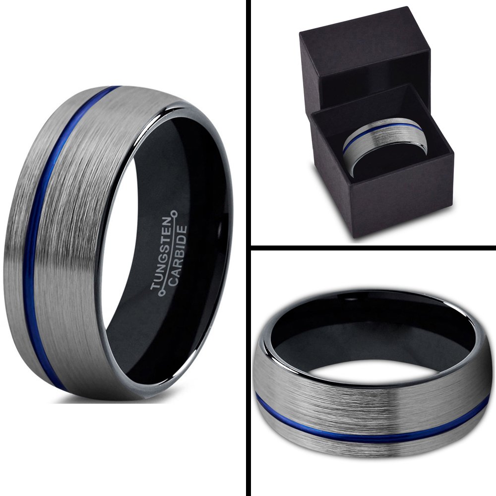 8mm Tungsten Carbide Wedding Band Ring for Men & Women - Blue Black Offset Line, Dome Grey Exterior, Brushed & Polished Finish - Custom Engraved Anniversary & Engagement Ring - Perfect for Weddings, Proposals & Special Occasions