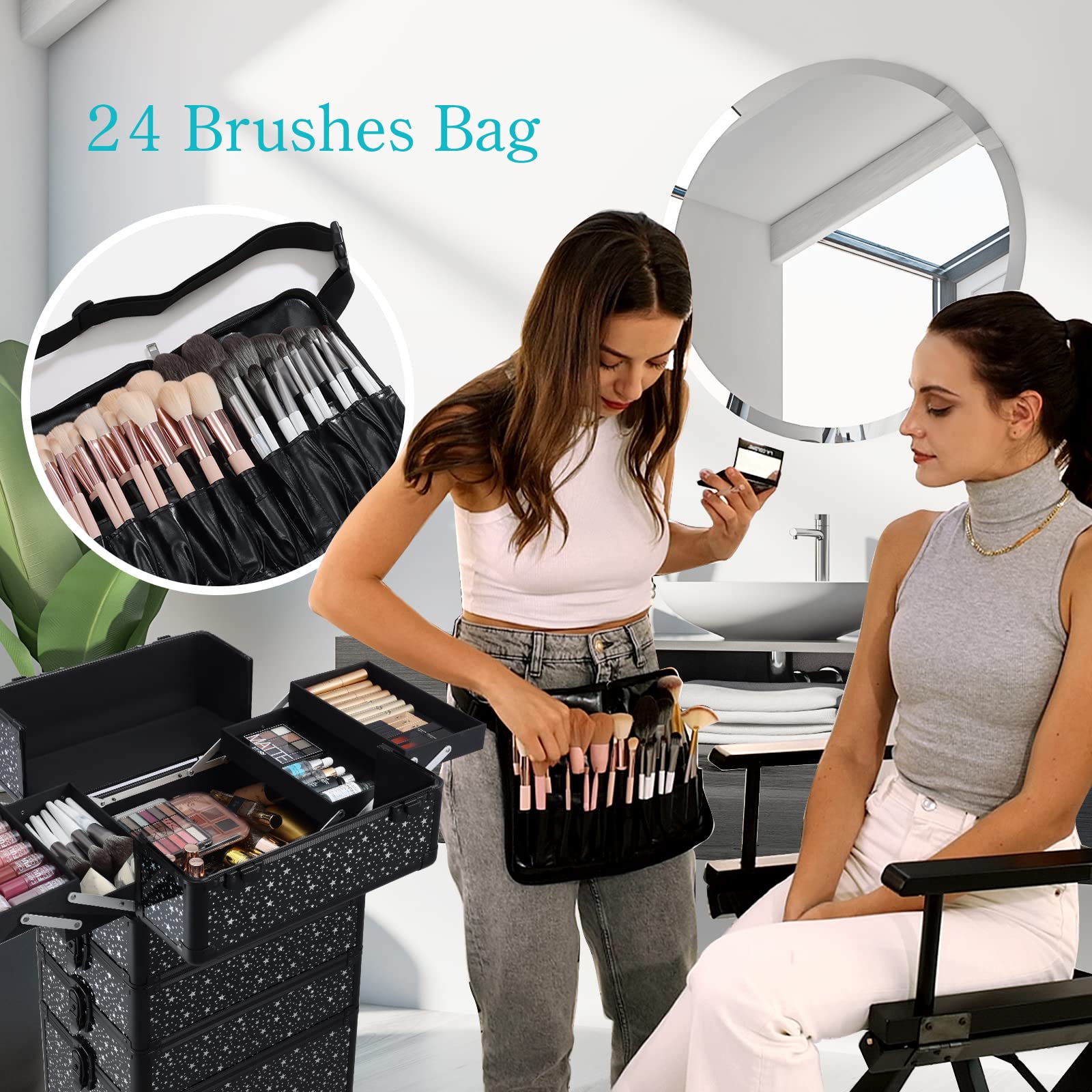 Stagiant 4-in-1 Rolling Makeup Case with Brush Waist Bag - Professional Cosmetic Trolley for Salon, Barber & Travel - Black Star Design - Perfect for Mobile Makeup Artists & Beauty Professionals On-The-Go