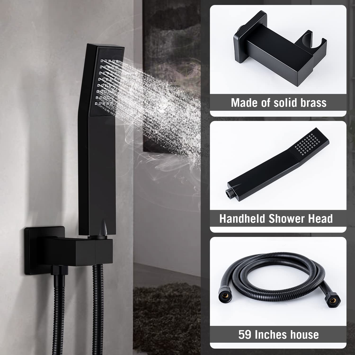 Qomolangma Black 12 Inch Rain Shower System - Wall Mounted Bathroom Shower Faucet Set with Pressure Balance Valve, 2-Function Shower Head (Rainfall & Handheld Spray) - Perfect for Modern Bathrooms, Spa-Like Shower Experience
