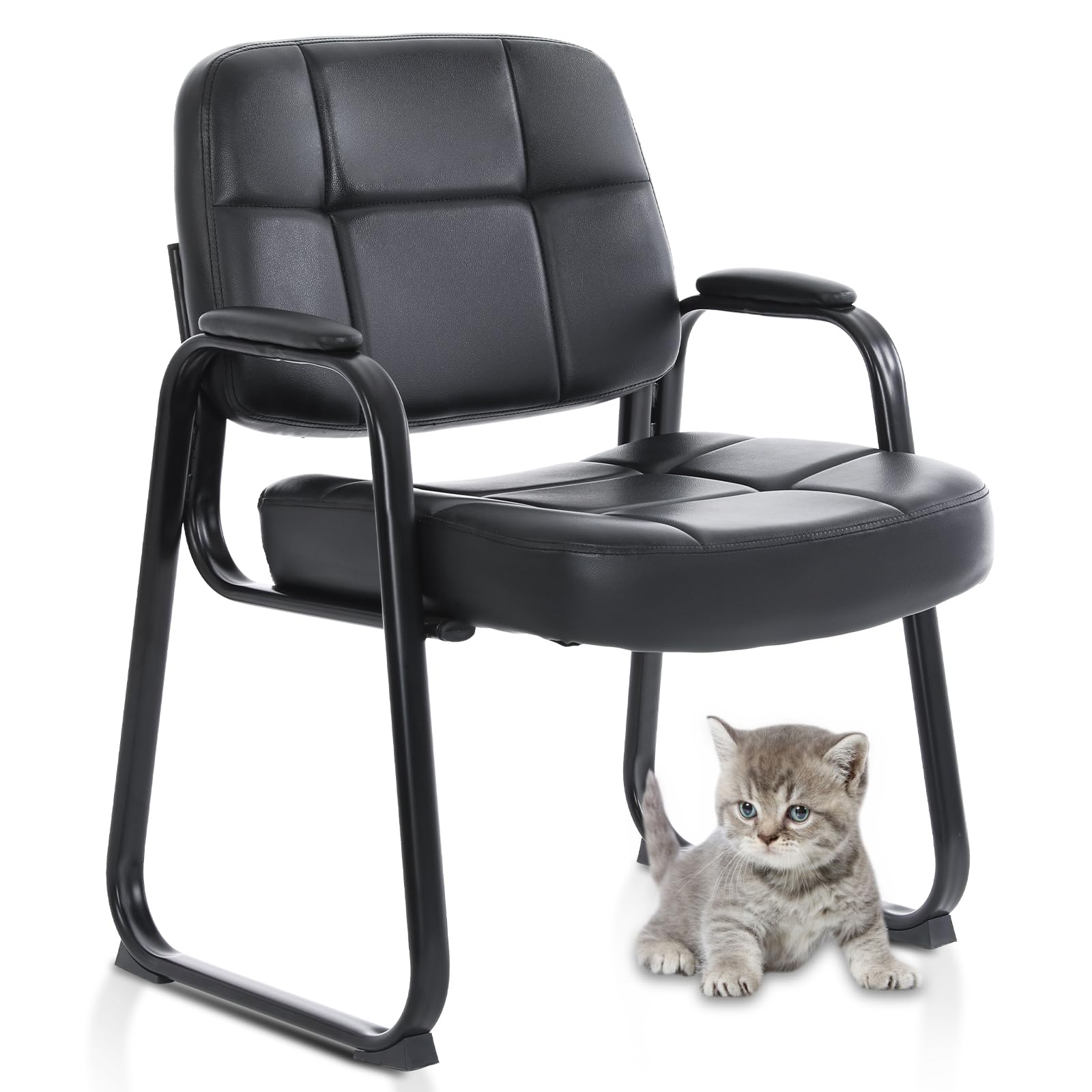 CLATINA Big & Tall Office Chair - Bonded Leather Padded Armrests & Sled Base - Waiting Room Guest Chair for Reception Lobby, Conference Desk & Home Office - Ergonomic Comfort for Professionals - Black