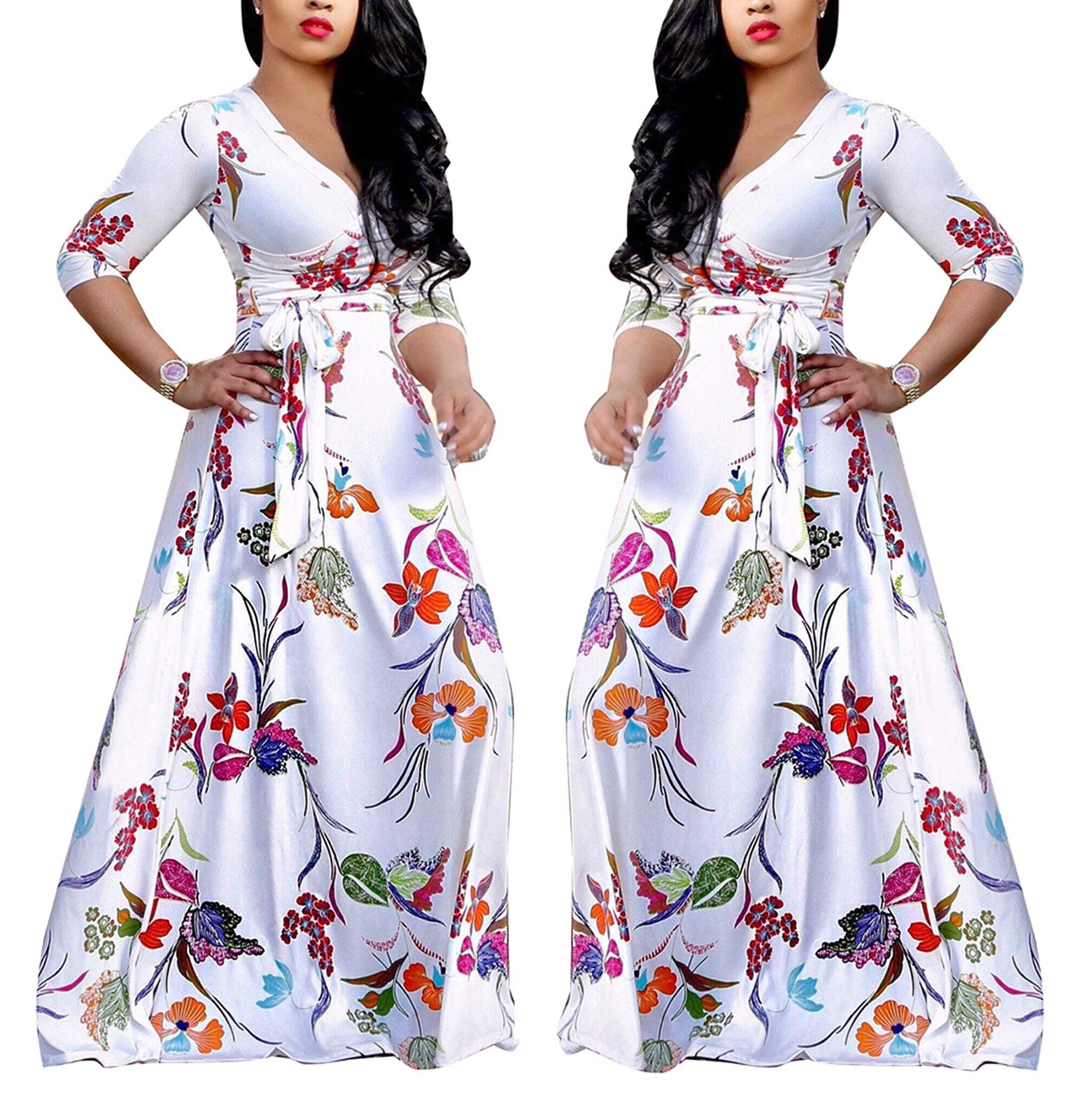 JTNFairy Women's Casual Floral Print Long Maxi Dress Plus Size - Elegant Summer Party Outfit for Beach, Wedding & Vacation