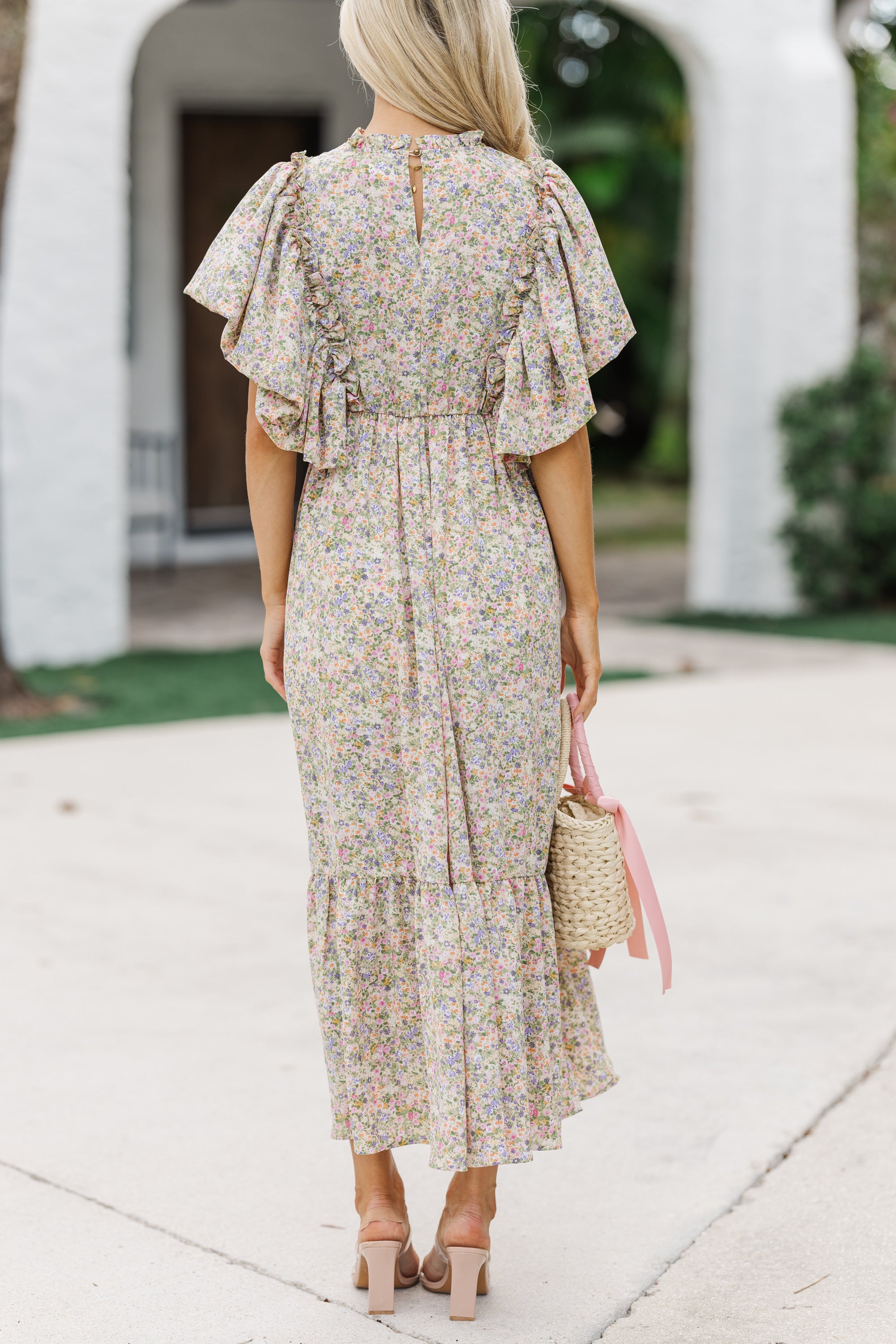 Elegant Sage Green Ruffled Midi Dress for Women - Flowy Summer Dress for Weddings, Parties & Date Nights