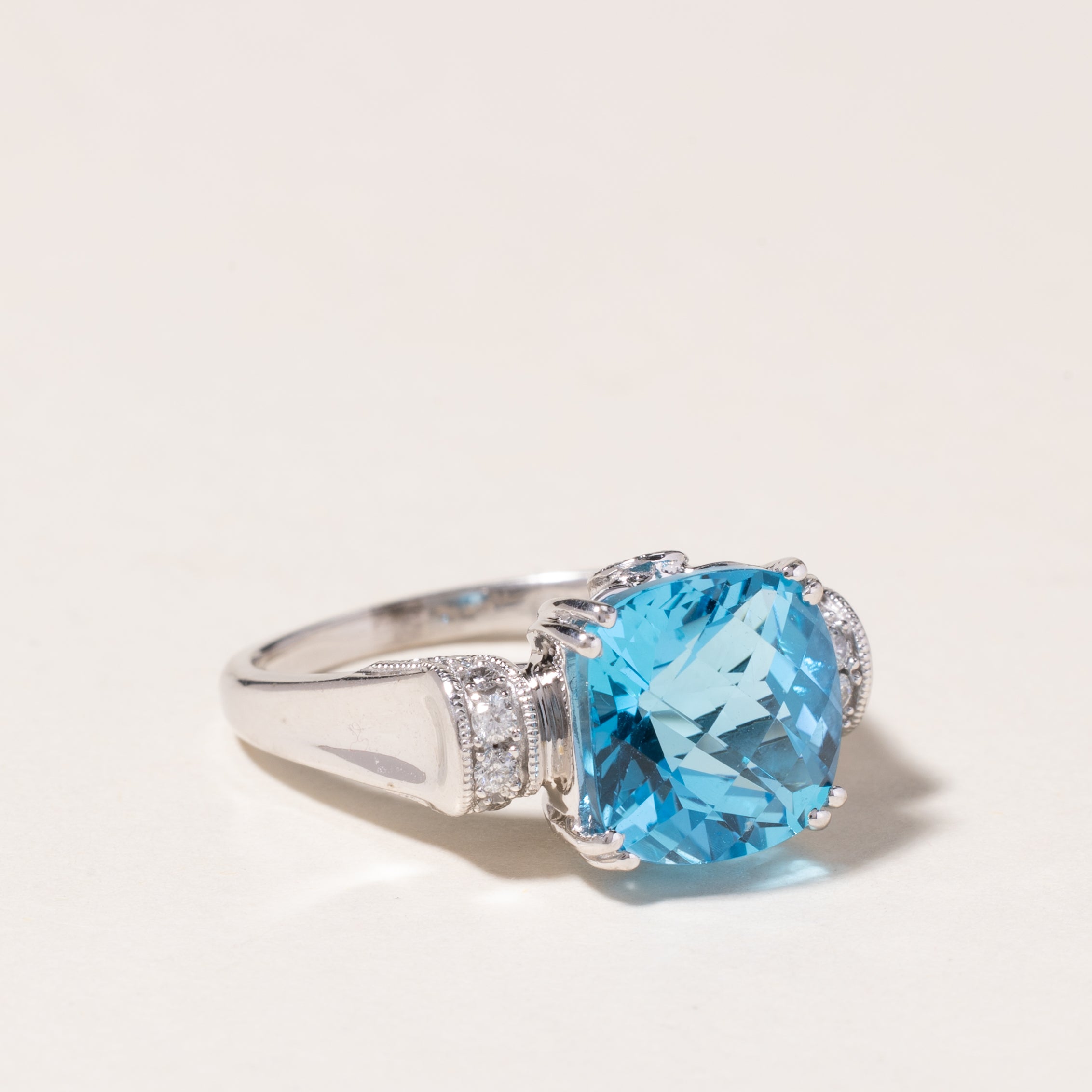 14K White Gold Blue Topaz & Diamond Ring - 4.67ctw Gemstone, 0.08ctw Diamonds, Size 7.75 - Elegant Jewelry for Engagement, Anniversary & Special Occasions