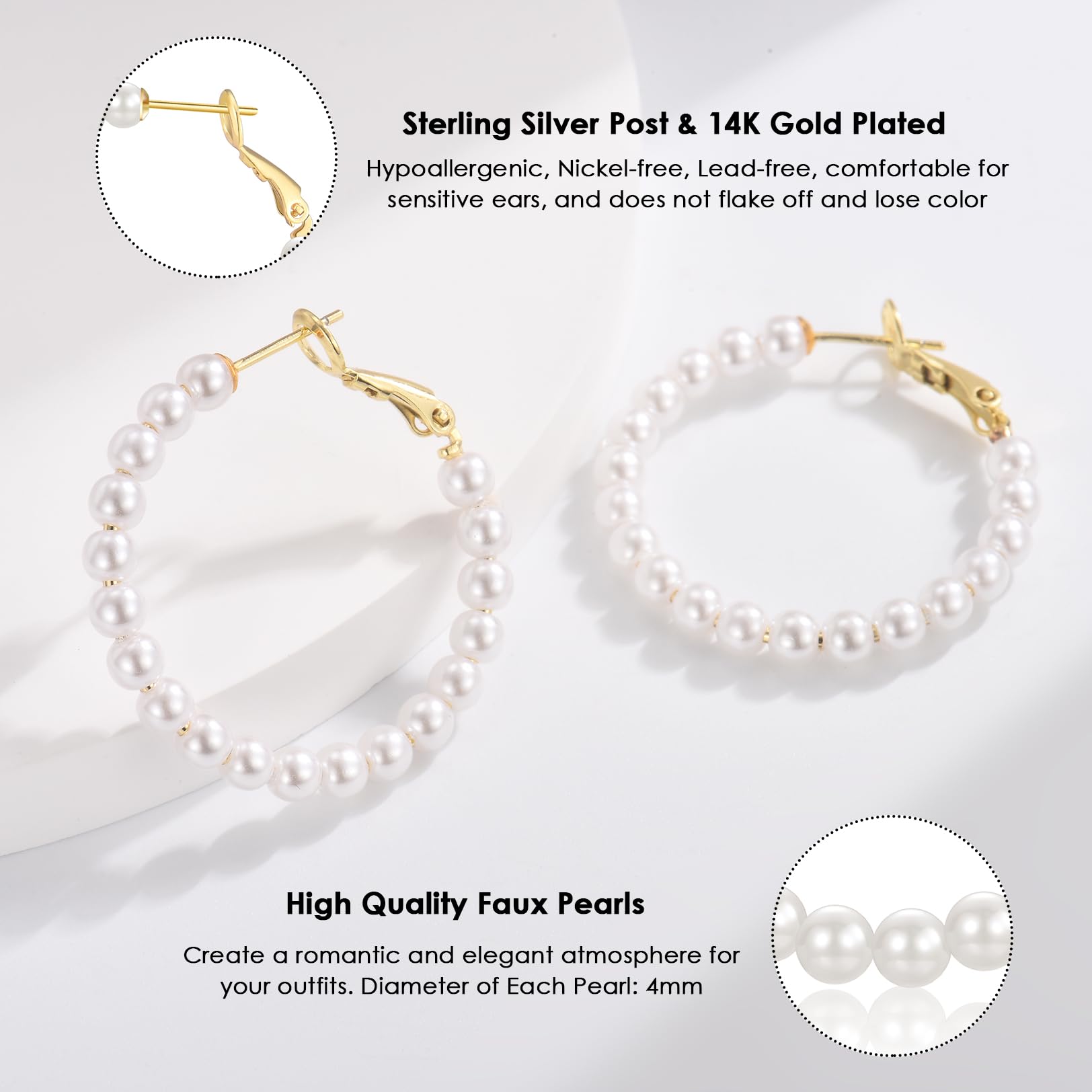 CERSLIMO 14K Gold Plated Pearl Hoop Earrings for Women - 3 Pairs S925 Sterling Silver Large Hoop Earrings Set (4mm Pearl, 20/30/40/50mm) | Elegant Jewelry Gift for Birthday, Anniversary & Special Occasions