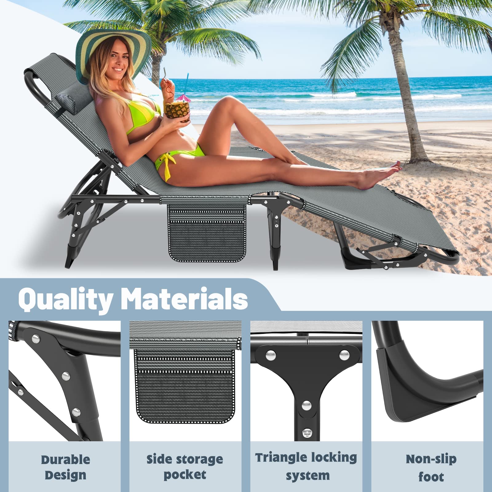 SLSY Folding Chaise Lounge Chair - Heavy Duty Outdoor Reclining Patio Chair for Tanning, Pool, Beach, Lawn & Camping | Perfect for Backyard, Deck, Garden Relaxation & Sunbathing