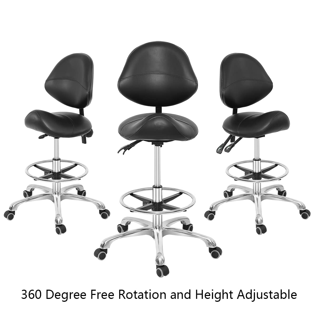 Grace & Grace Professional Hydraulic Saddle Stool with Back Support & Wheels - Ergonomic Adjustable Stool for Dentists, Clinics, Spa, Massage & Salon - Black with Footrest (Perfect for Dental Procedures, Beauty Treatments & Long Work Sessions)