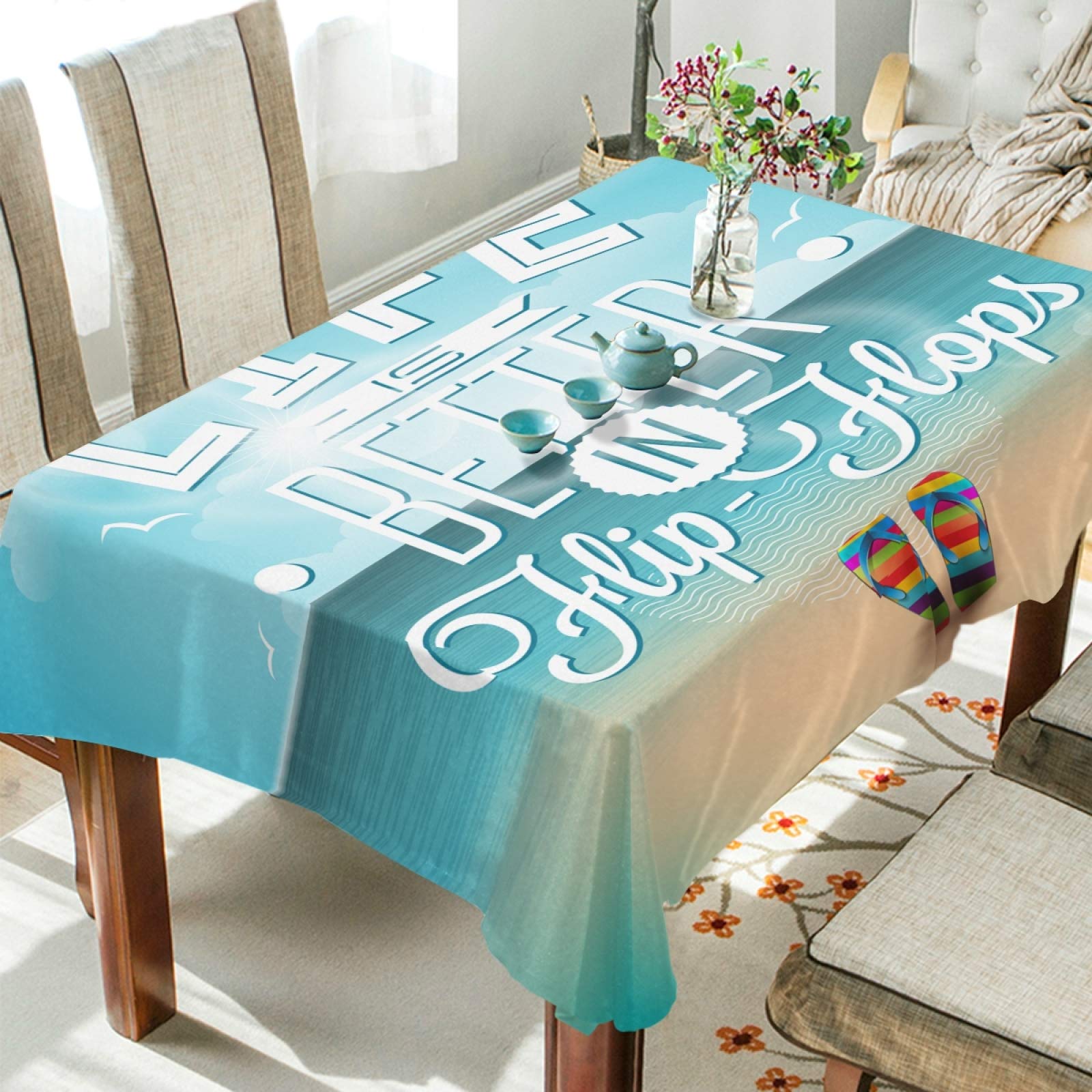 Flip Flop Summer Beach Themed Polyester Tablecloth - 60 x 108 Inch Rectangle Table Cover for Party Decor, Dinner Table, and Outdoor Gatherings | Perfect for Beach Parties, BBQs, and Tropical-Themed Events