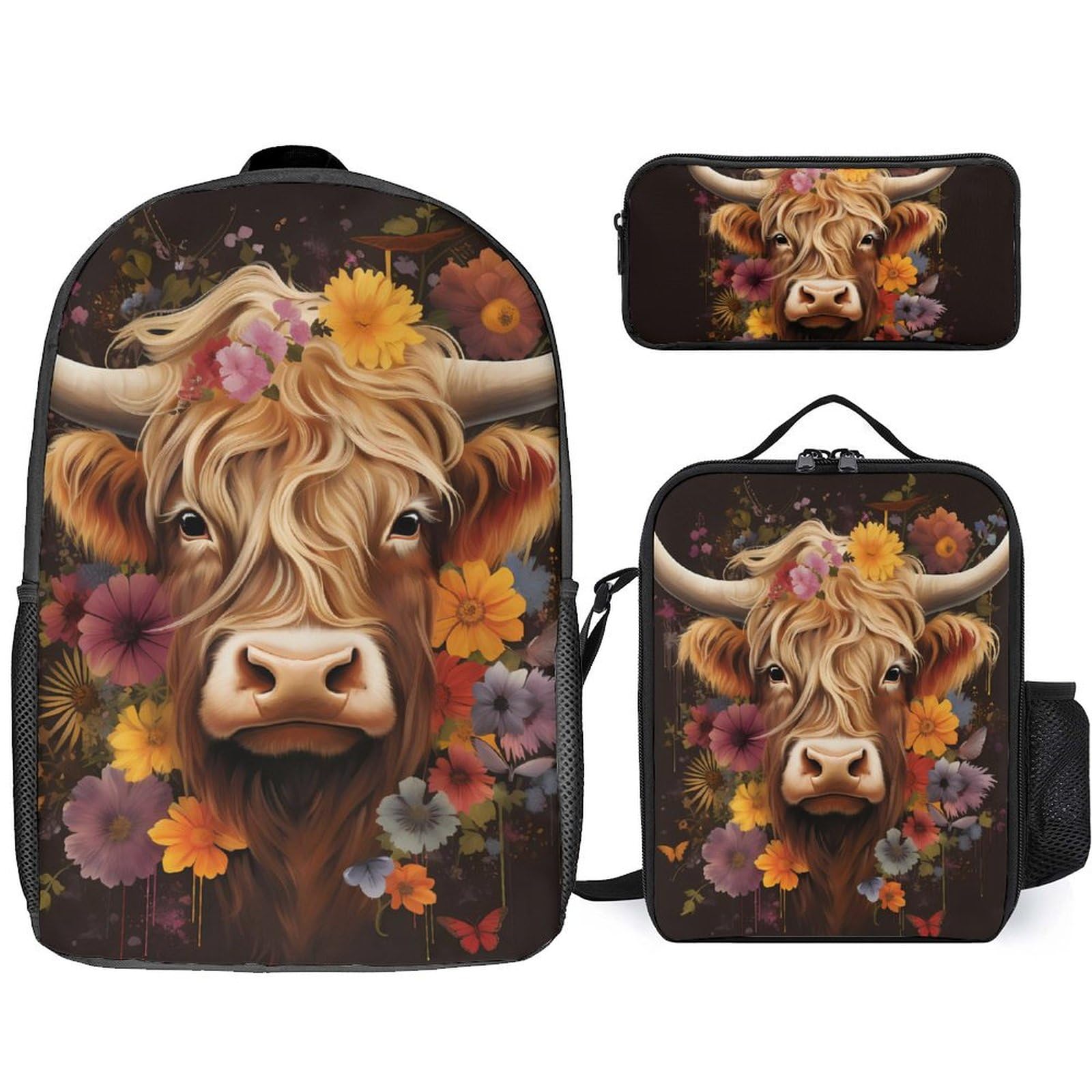 Highland Cow 3-Piece Laptop Backpack Set - 17 Inch School Backpack with Insulated Lunch Bag & Pencil Case for College Students, Office Work & Travel | Durable Bookbag for Daily Commute, Campus Life & Business Trips