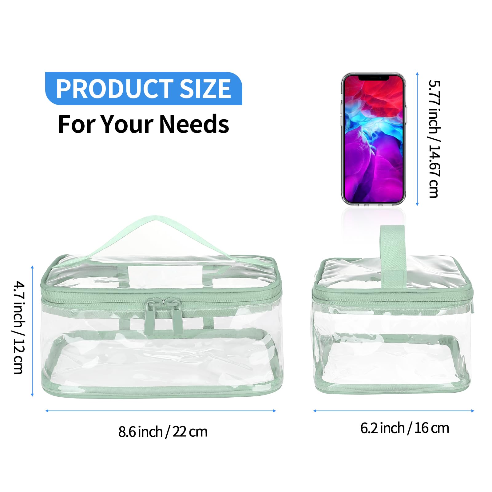 HAOGUAGUA 2-Pack Clear Makeup Bags for Travel - TSA Approved Waterproof Transparent Toiletry Organizer (Green) | Perfect for Airports, Gym & Daily Essentials Storage