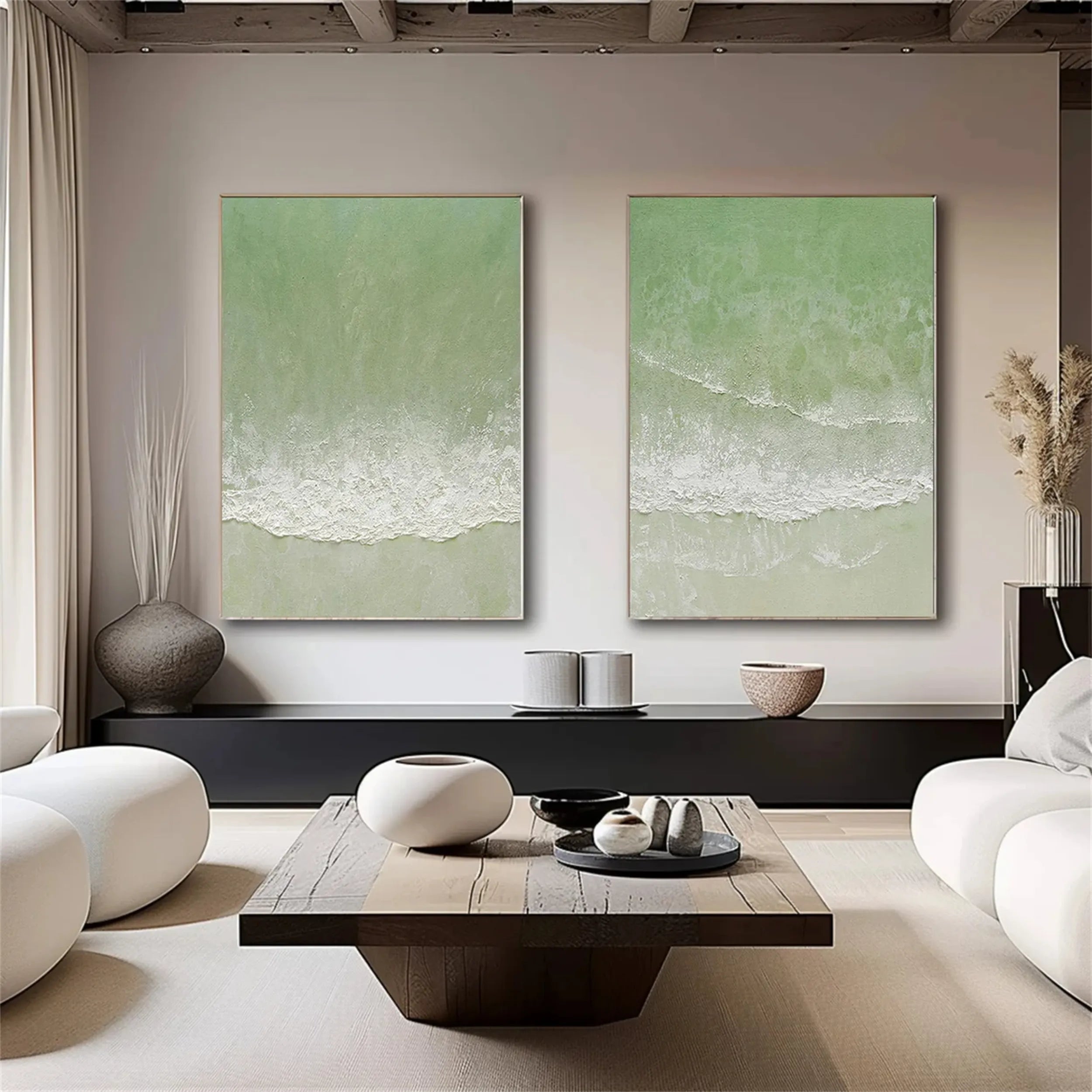 Abstract Blue & Green Wall Art Set of 2 - Modern Canvas Paintings for Living Room, Bedroom & Office Decor #BG048