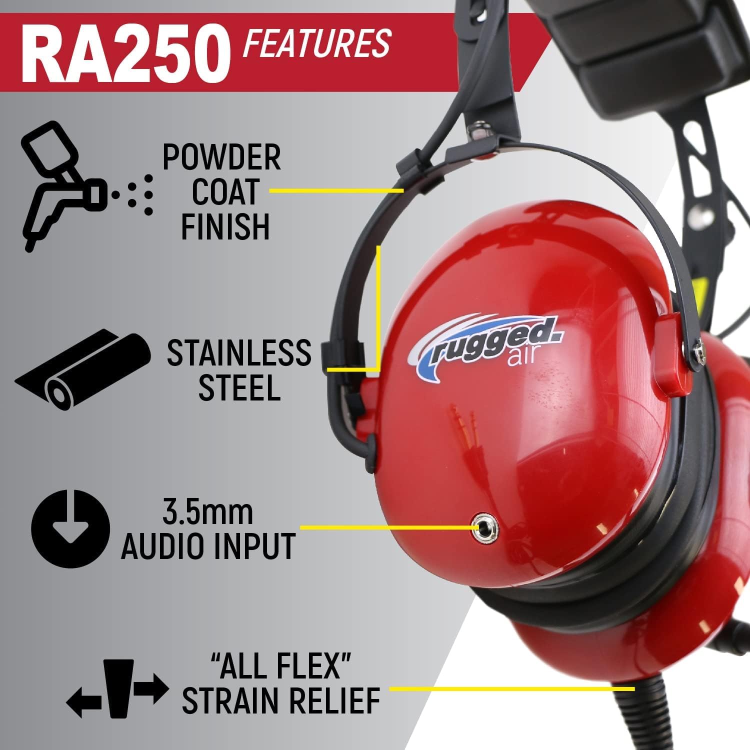 Rugged Air RA250 Child Size Aviation Pilot Headset - Noise Canceling Microphone, Clear Hear Speakers, Foam Ear Seals, Custom Fit Headband, Free Bag - Perfect for Young Pilots and Airplane Passengers