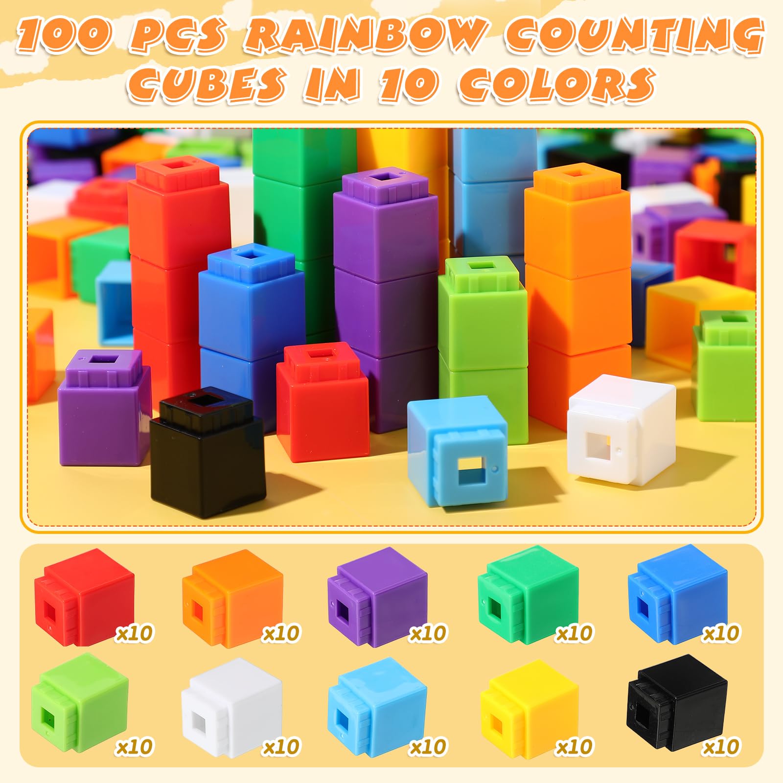 Jenaai 100 Pcs Linking Cubes - Plastic Math Manipulatives for Counting & STEM Learning | Snap Together Blocks for Early Math, Construction Play & Homeschool Preschool Activities | Perfect for Classroom, Homeschool & Educational Games