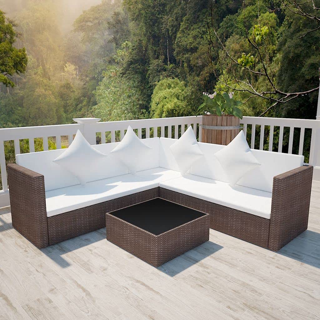 4-Piece Brown Poly Rattan Garden Lounge Set with Cushions - Outdoor Patio Furniture for Deck, Porch, Lawn & Backyard Relaxation