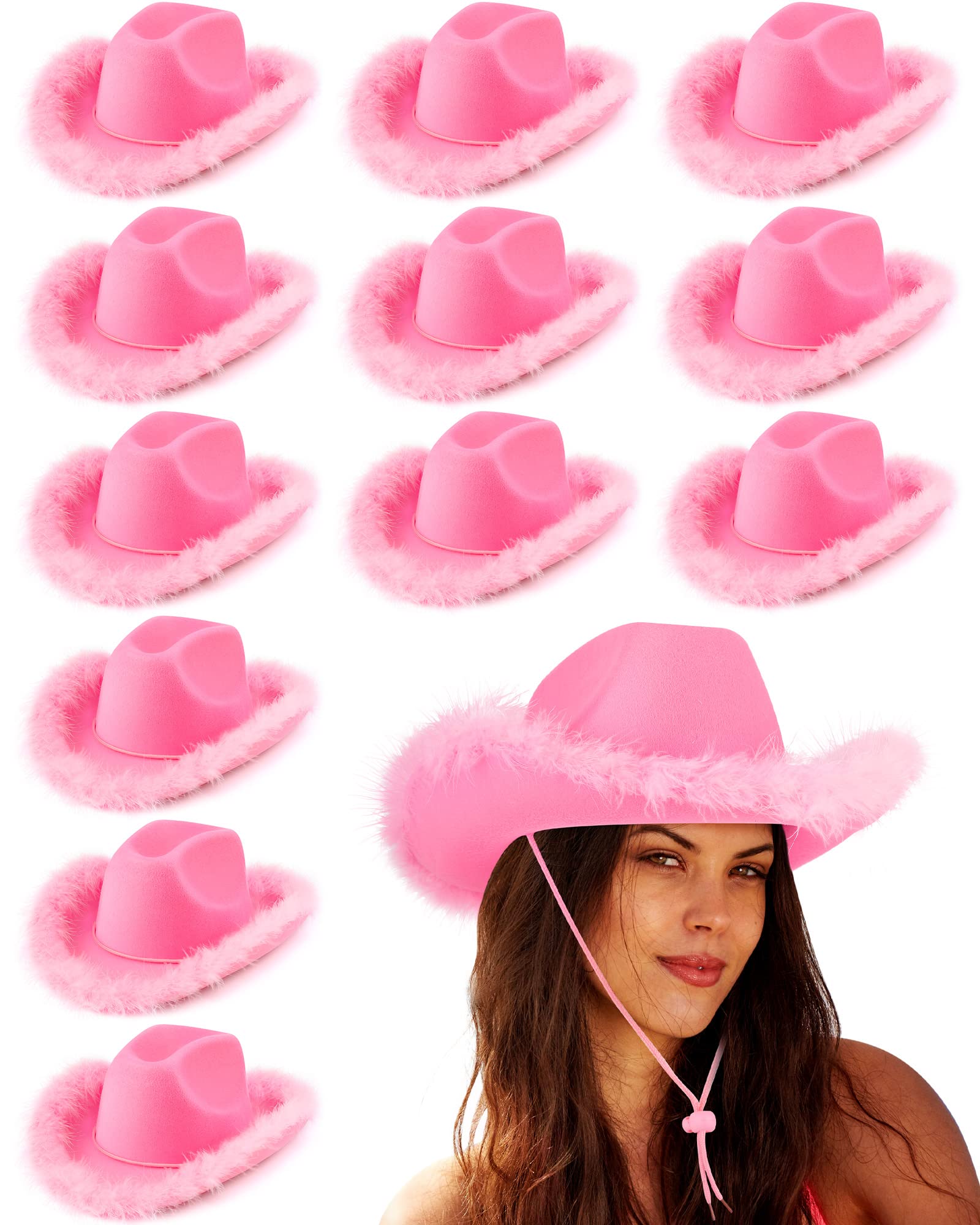 12pcs Cowgirl Hats with Feather Boa - Western Women's Cowboy Hats for Bachelorette Party, Wedding, Halloween Costume & Country Music Festival Accessories
