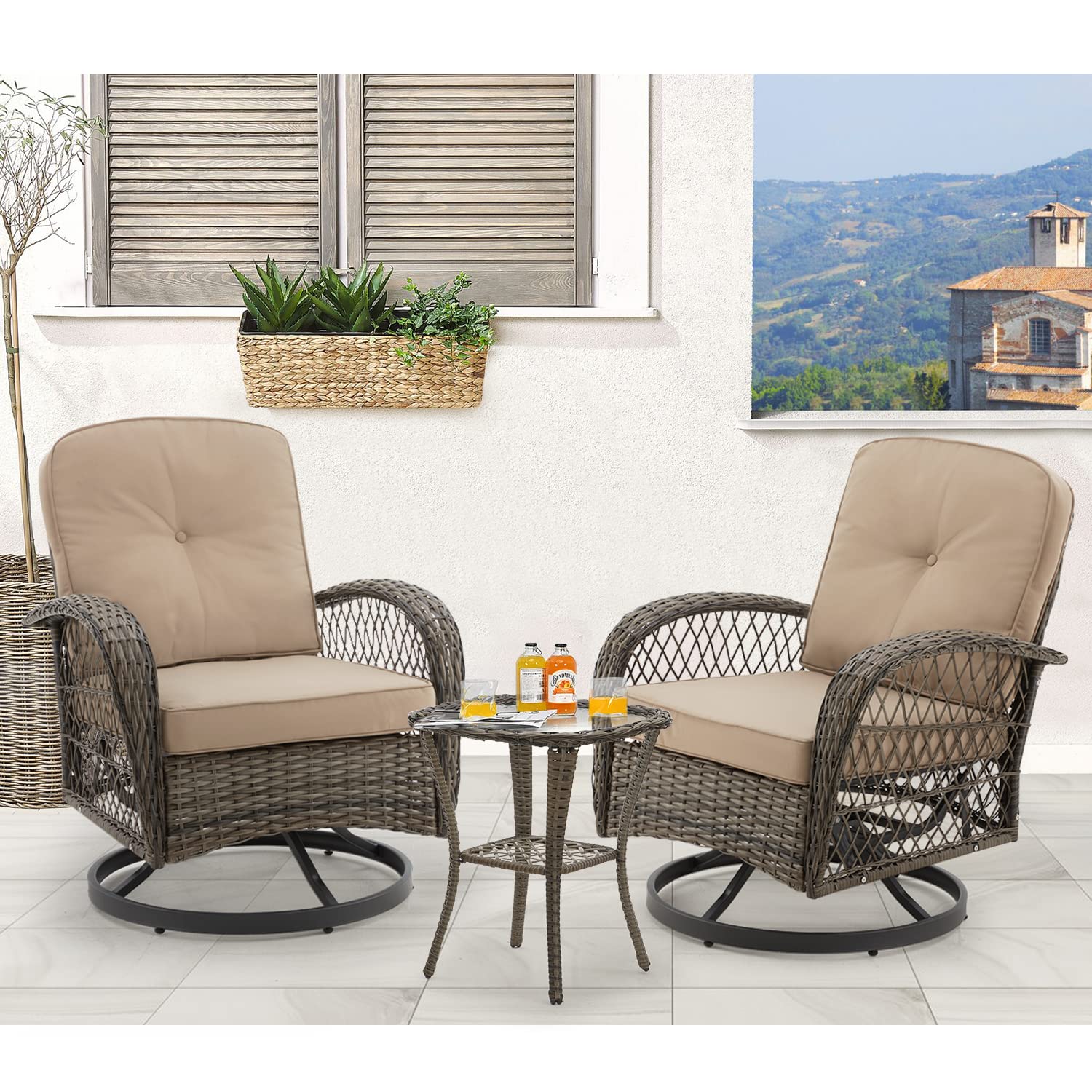 360° Swivel Rocking Patio Chairs Set of 3 with Thickened Cushions & Glass Coffee Table - Outdoor Conversation Furniture for Backyard, Garden, Poolside (Khaki) - Perfect for Relaxing, Entertaining & Enjoying Summer Days