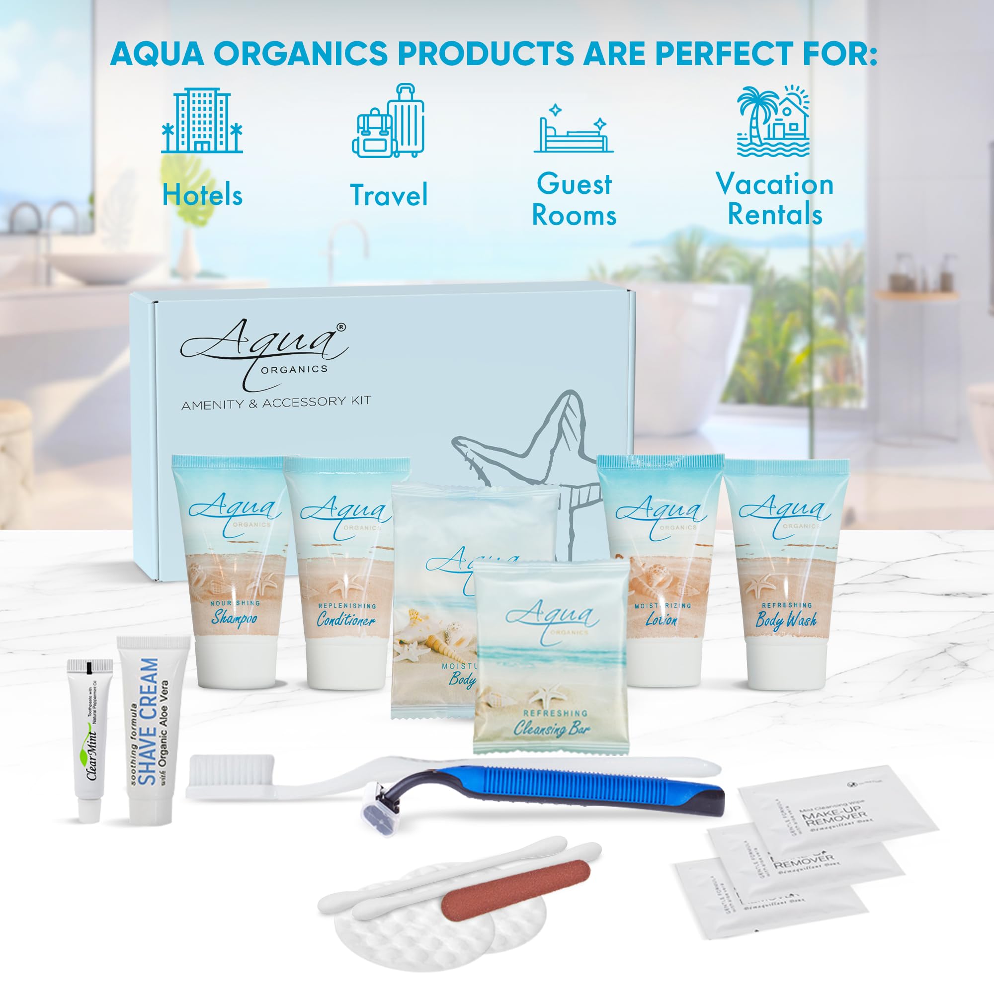 Aqua Organics Travel Amenity & Accessory Kit - 60 Sets with 1 oz Shampoo, Conditioner, Lotion, Body Wash, Soap Bars, Shaving Kit, Dental Set & Makeup Wipes | Perfect for Hotels, Spas, Airlines & Luxury Gift Baskets