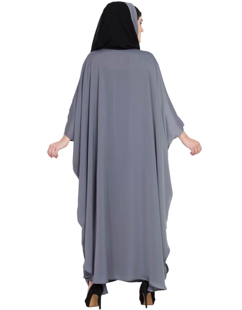 Elegant Arabic Thread Embroidered Nida Kaftan Dress - Grey | Traditional Islamic Abaya for Women | Perfect for Eid, Wedding & Special Occasions