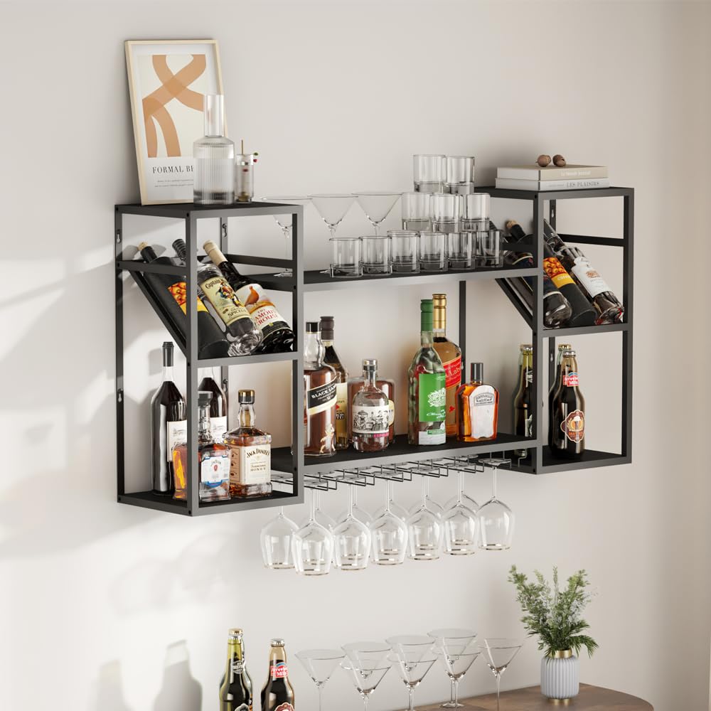 Premium 2-Tier Metal Floating Bar Shelf - Wall Mounted Wine Rack with Glass Holder - Space-Saving Liquor Storage for Kitchen, Dining Room & Home Bar - Perfect for Entertaining Guests (Black)