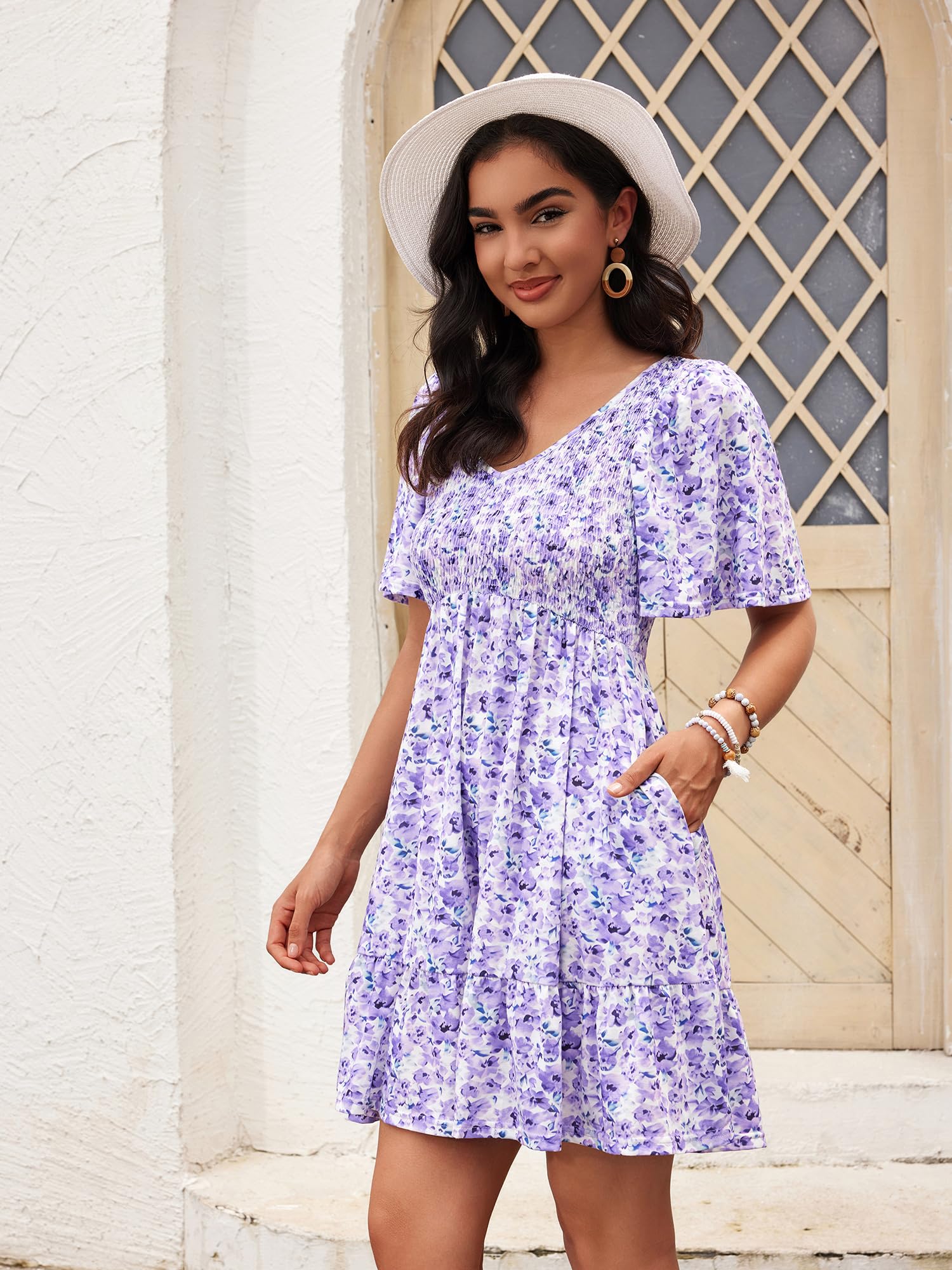 Women's Floral Smocked V-Neck Flutter Sleeve Sundress with Pockets - Casual Spring Summer Dress 2025 - Perfect for Beach Vacations, Brunch Dates & Outdoor Parties