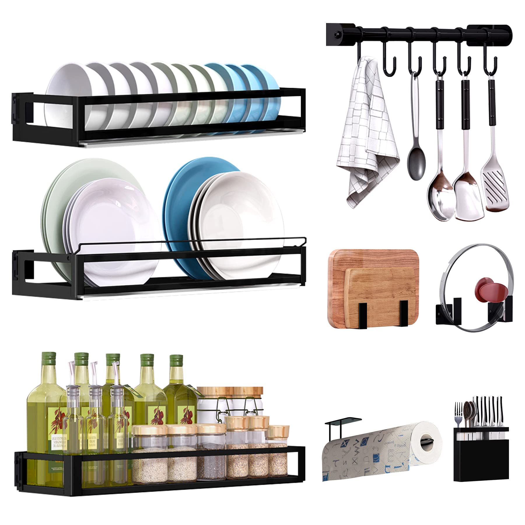Wall Mounted Kitchen Organizer & Storage Rack - Space Saving Pot Lid Holder, Pan Rack & Utensil Organizer for Seasonings, Silverware, Cutting Boards & Dishes | Perfect for Small Kitchens & Apartment Cooking