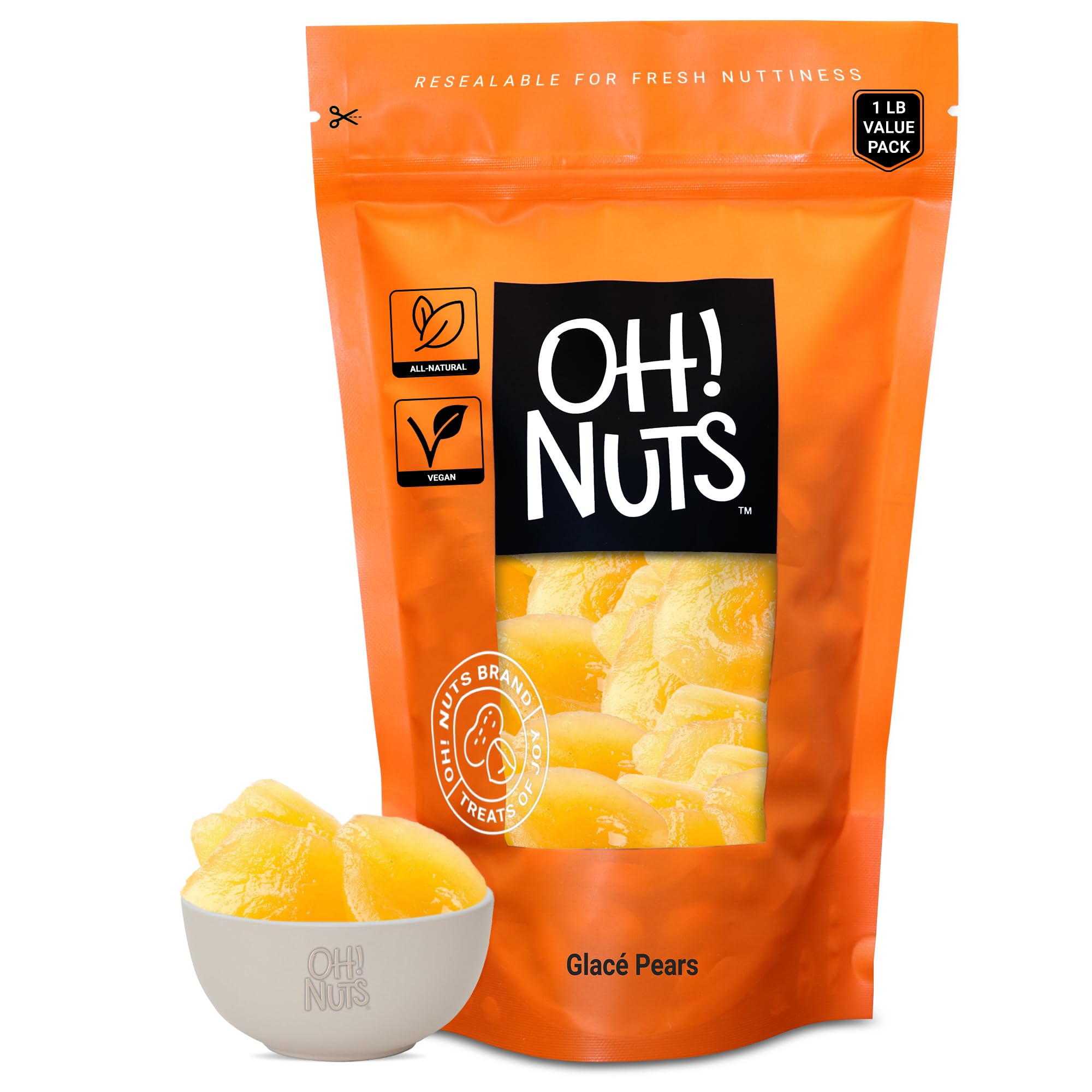 Oh! Nuts Glacé Pears - Rich & Juicy Dried Fruit Snacks - 1 lb Bag of Sweetened Dehydrated Candied Pears - Perfect for Baking, Trail Mix & Healthy Snacking - Packed in Resealable Zip Bag for Freshness