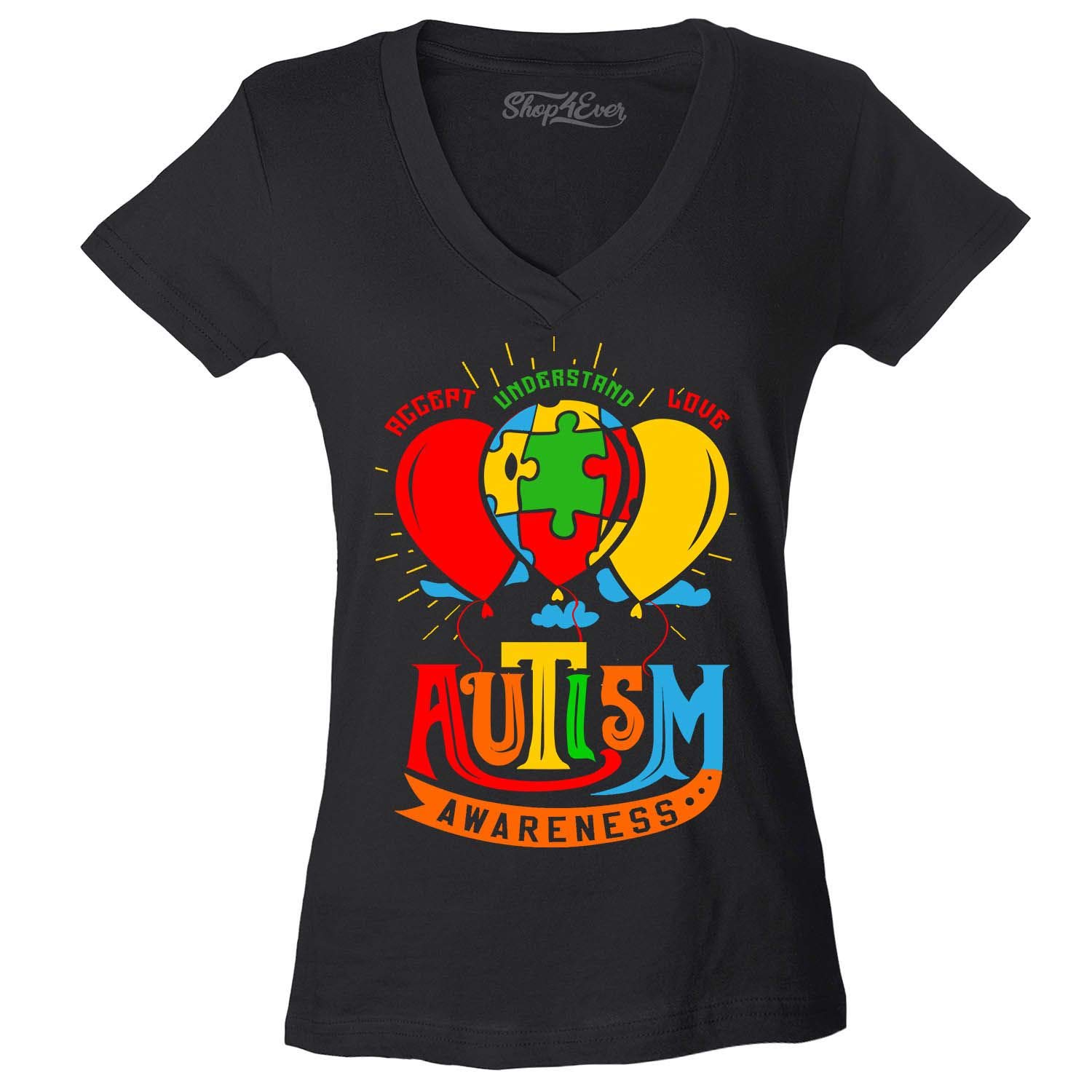 Autism Awareness Balloon Print Women's V-Neck Slim Fit T-Shirt - Comfortable & Stylish for Casual Wear, Fundraising Events & Support Awareness