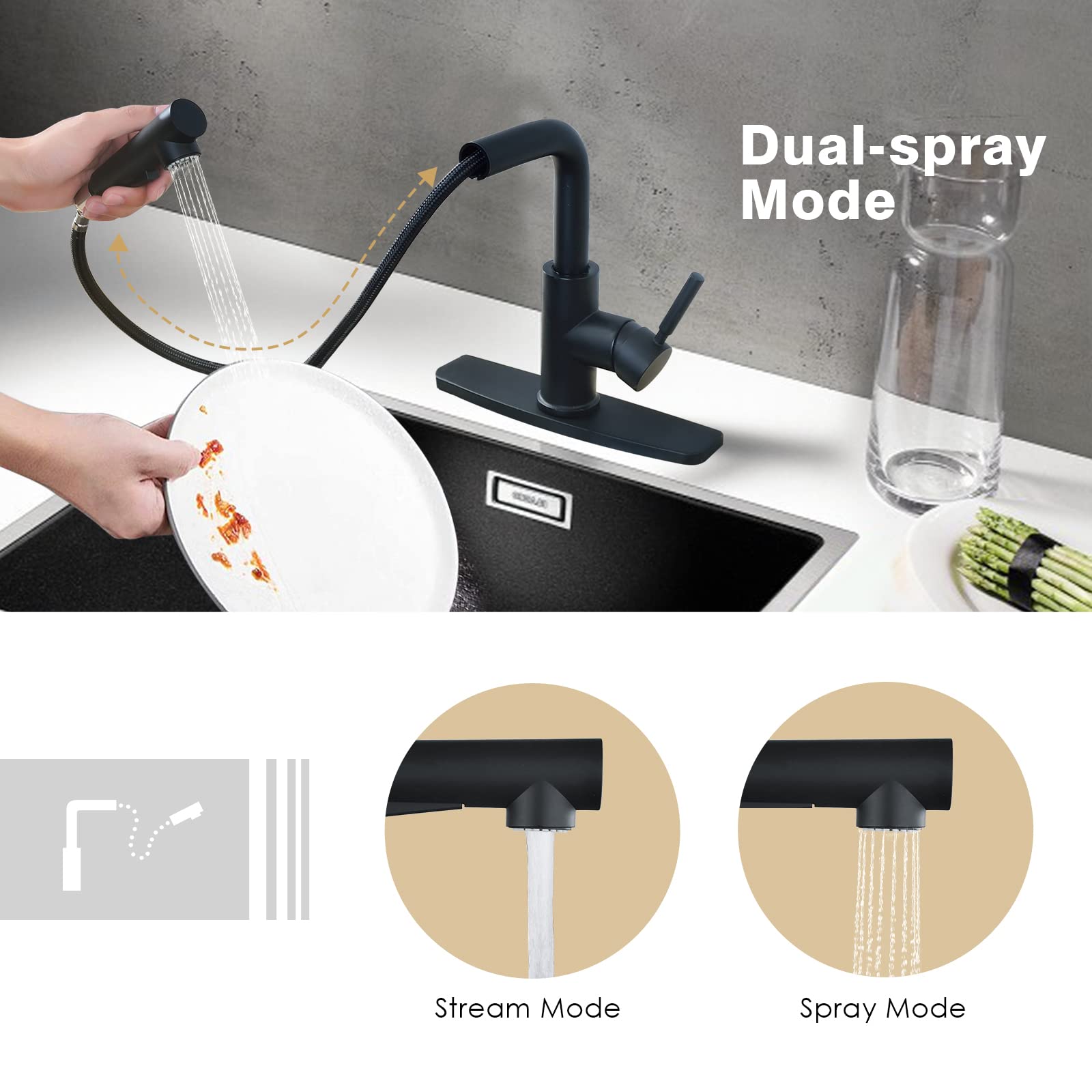 Modern Matte Black Kitchen Sink Faucet with Pull Down Sprayer, Single Lever Low Profile Design, Ideal for Small Spaces and Contemporary Kitchens